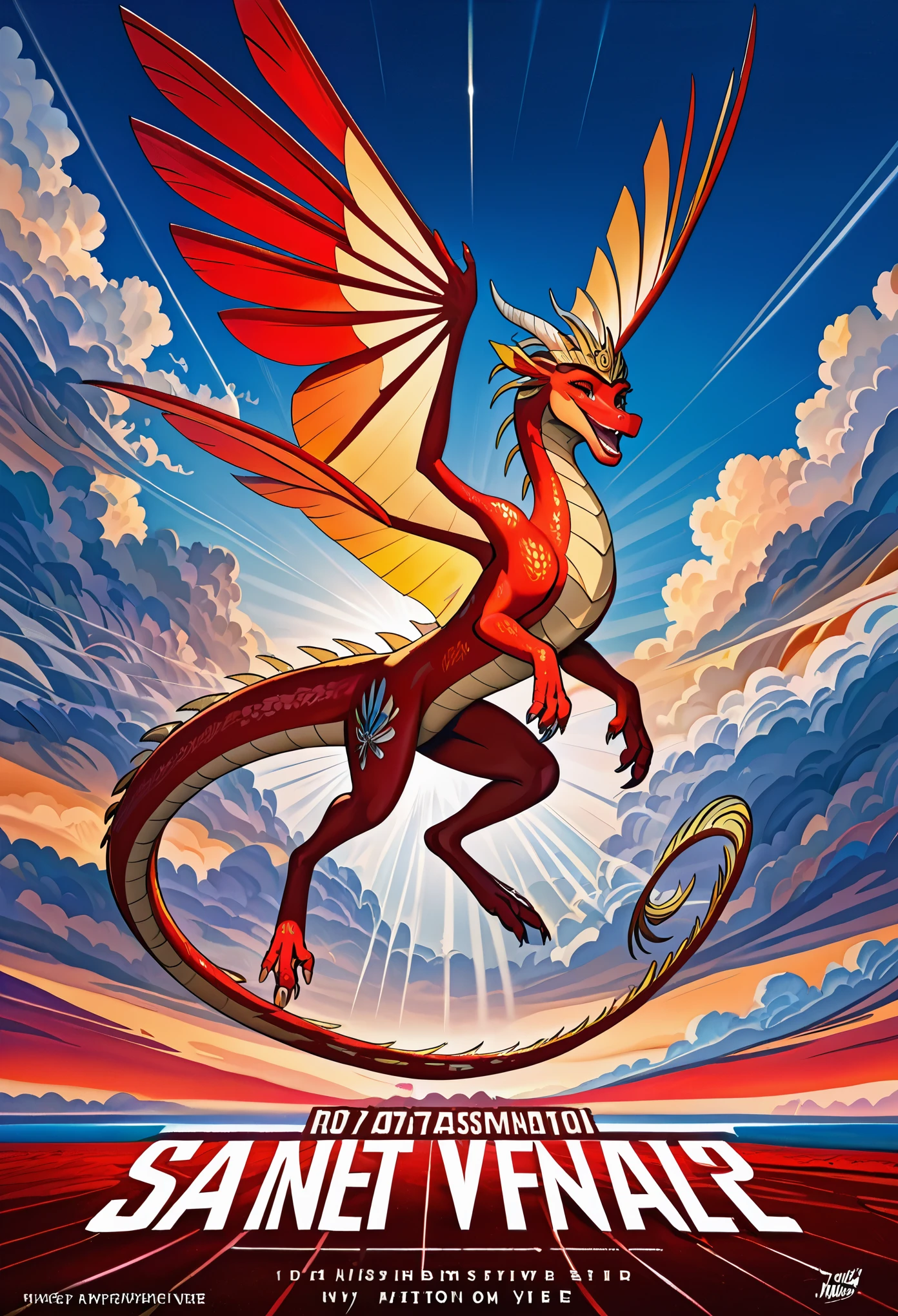movie poster, highres, top quality, best quality, paid reward available, unparalleled masterpiece, perfect artwork, absurdres, High-quality illustrations, super high resolution, detailed background, perfect anatomy(1girl, large gragon)(animation, movie of a Dragon and human girl)blue sky, smile, smile, happy, joyful, cinematic lighting, title logo,