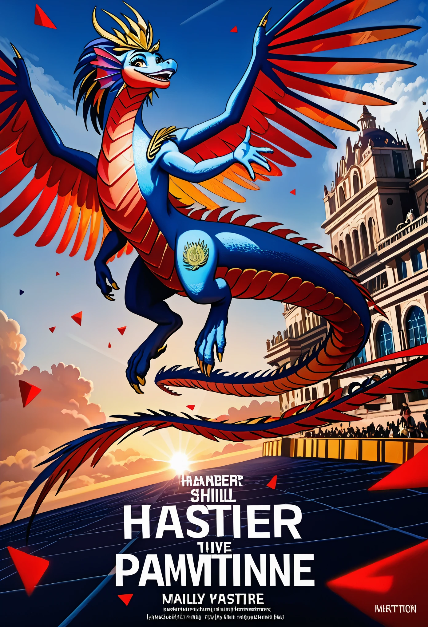 movie poster, highres, top quality, best quality, paid reward available, unparalleled masterpiece, perfect artwork, absurdres, High-quality illustrations, super high resolution, detailed background, perfect anatomy(1girl, large gragon)(animation, movie of a Dragon and human girl)blue sky, smile, smile, happy, joyful, cinematic lighting, title logo,