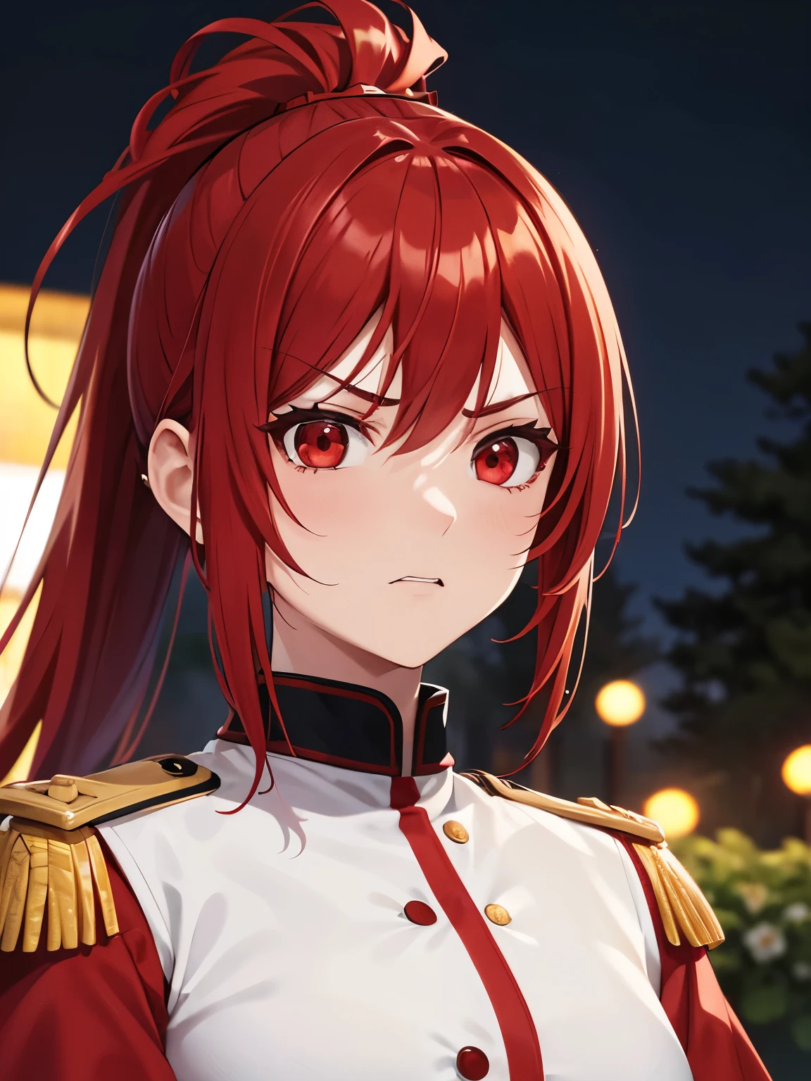 1girl,red hair,ponytail, white army uniform, standing in the park, angry expression,in garden,at night, red eyes, close up photo,Ultra detail, Ultra HD, masterpiece
