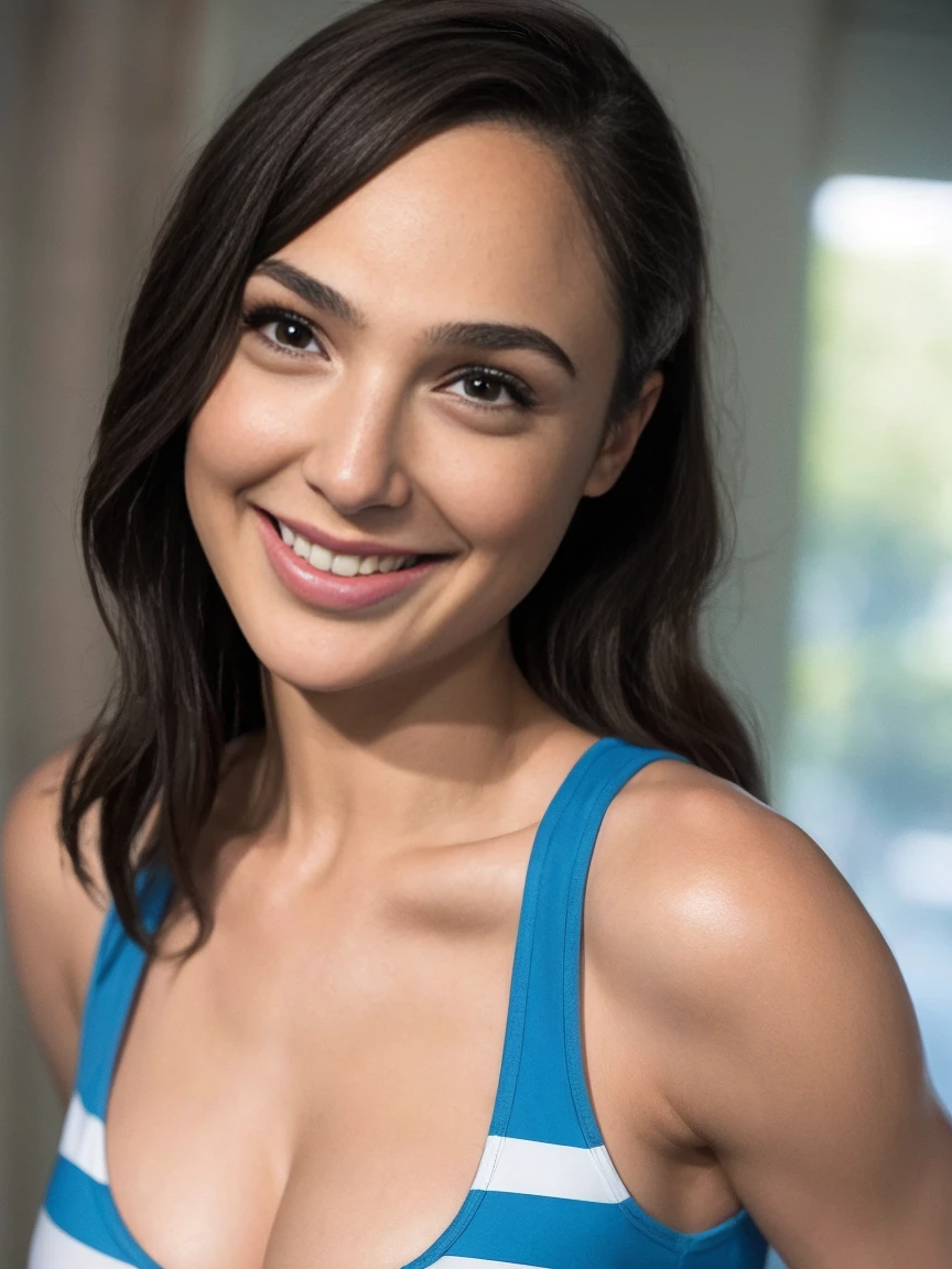 Gal Gadot, high resolution, 4k, a young girl in a lifted tank top with white and light blue horizontal stripes, open chest, colossal breasts, delicated face, detailed face, 18 year old high school student, smiling, simple background, 8k, ultra-detailed, photorealistic, sharp focus, hard nipples, a single load of cum is dripping down her lips to her cleavage
