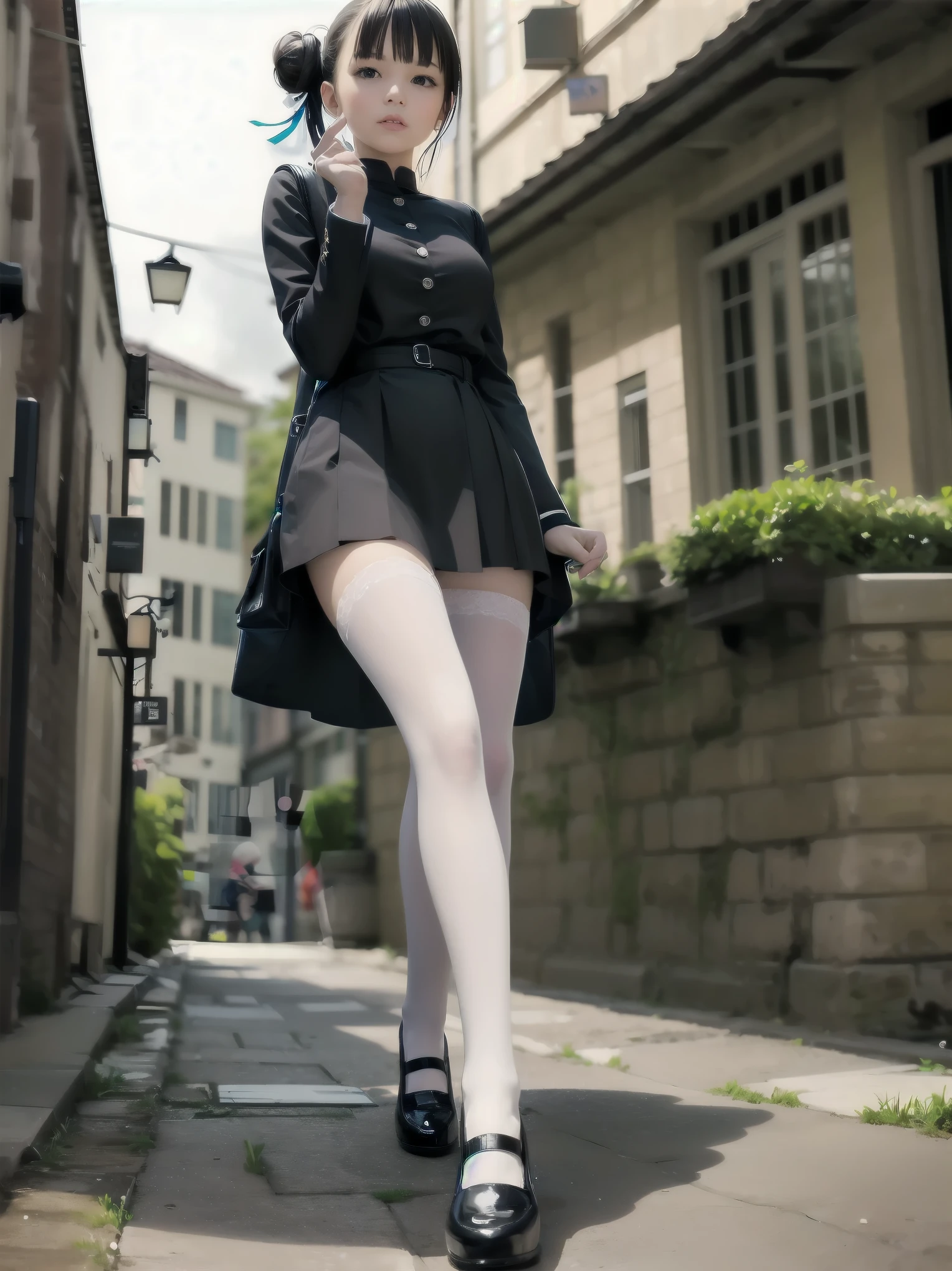 Masterpiece, high quality, high resolution, perfect face, realistic skin texture, young girl, alone, solo, lolita, chibi, marquise daughter, daughter fashion, feminine fashion, focused gaze, bangs, skirt, long sleeves, uniform, full body, black pantyhose, outdoor, shoes, seraphook, bangs, blurred, stylish skirt, Black pantyhose, hair in a bun, unusual nostalgic view of the world, fine cobblestones, distant background, artistic shading, best illustration of a beautiful woman, resting head, girl making a mocking gesture, movie scene, expressive  actor