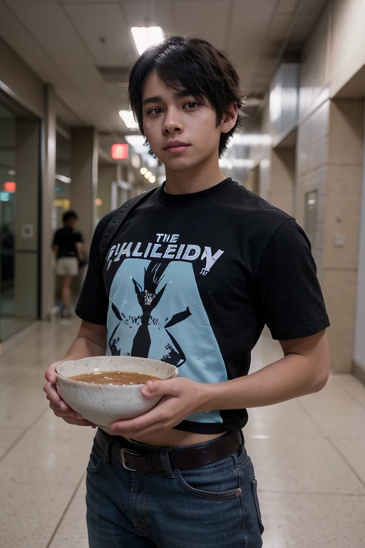 Screenshot student anime Boku no hero academia, 16 years old boy, blue-black hair color, light blue tips, dark skin, "V" type body, black eyes, flirtatious expression, short hair, bowl cut, face large,boy rude,creating a diamond, background of the UA hallways, whole body