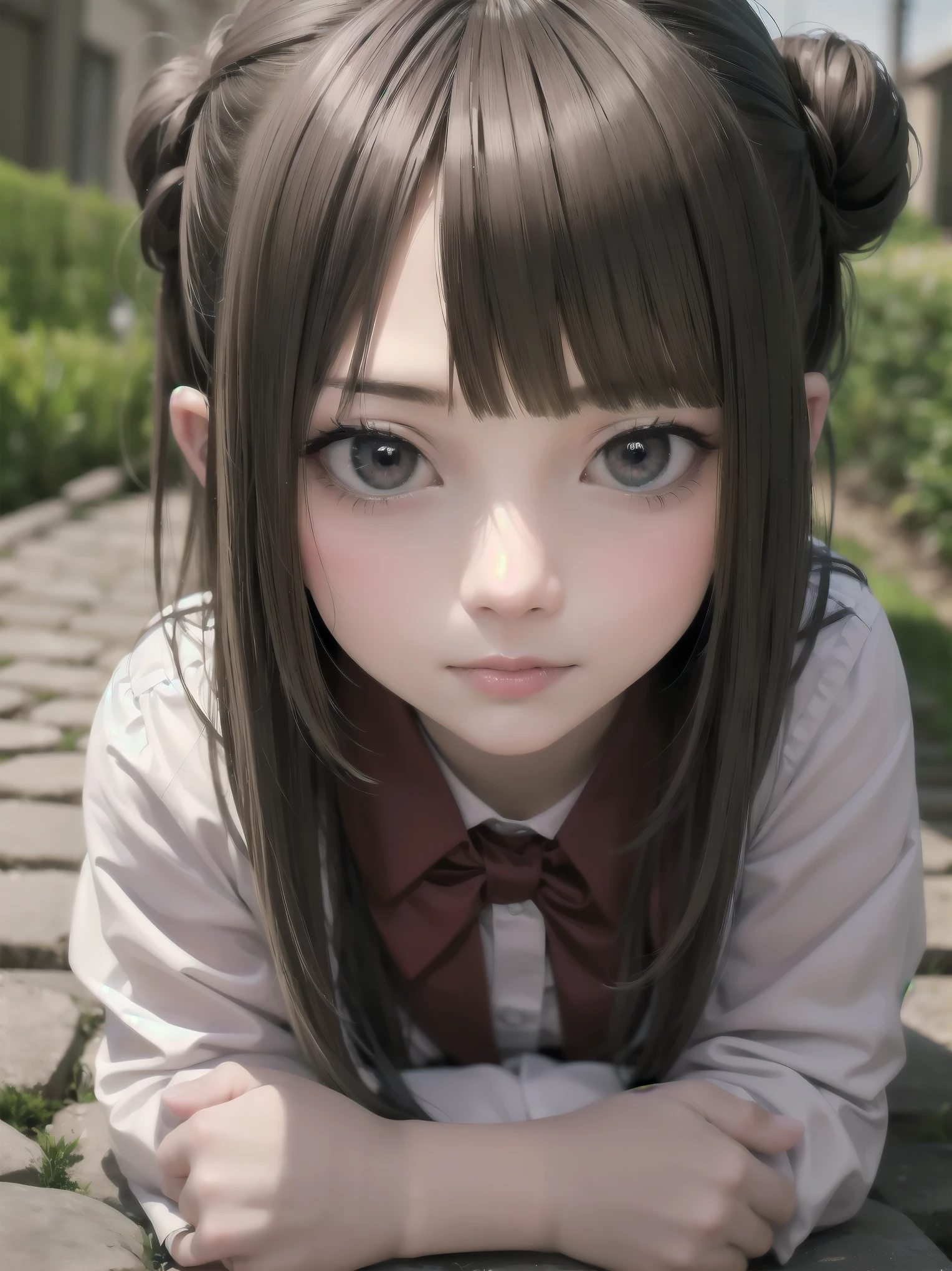 Masterpiece, high quality, high resolution, perfect face, realistic skin texture, young girl, alone, solo, ta, chibi, marquise daughter, daughter fashion, feminine fashion, focused gaze, bangs, skirt, long sleeves, uniform, full body, black pantyhose, outdoor, shoes, seraphook, bangs, blurred, stylish skirt, Black pantyhose, hair in a bun, unusual nostalgic view of the world, fine cobblestones, distant background, artistic shading, best illustration of a beautiful woman, resting head, girl making a mocking gesture, movie scene, expressive actor