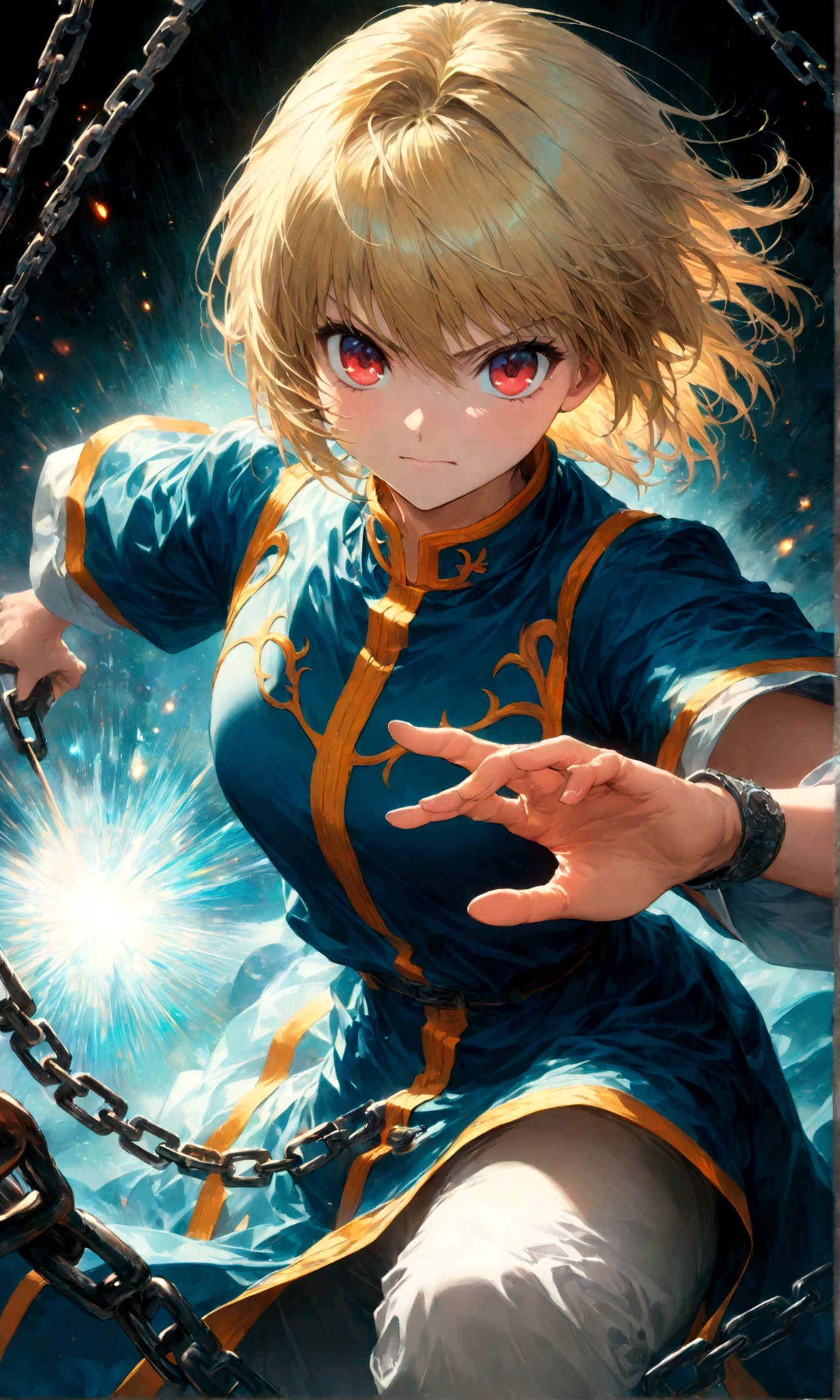 1 male,Kurapika,Hunter x Hunter,,Kurapikaの衣装,Blonde,Scarlet Eyes,Intricate details,Use black and white as your main colors,,artwork,rendering,,(masterpiece:1.3),(highest quality:1.4),(ultra detailed:1.5),High resolution,extremely detailed,unity 8k wallpaper,Dark fantasy,Brush strokes,Glare,Battle Style,Expressing quiet anger,Use the chain as a weapon,Impressive drawing with thick lines