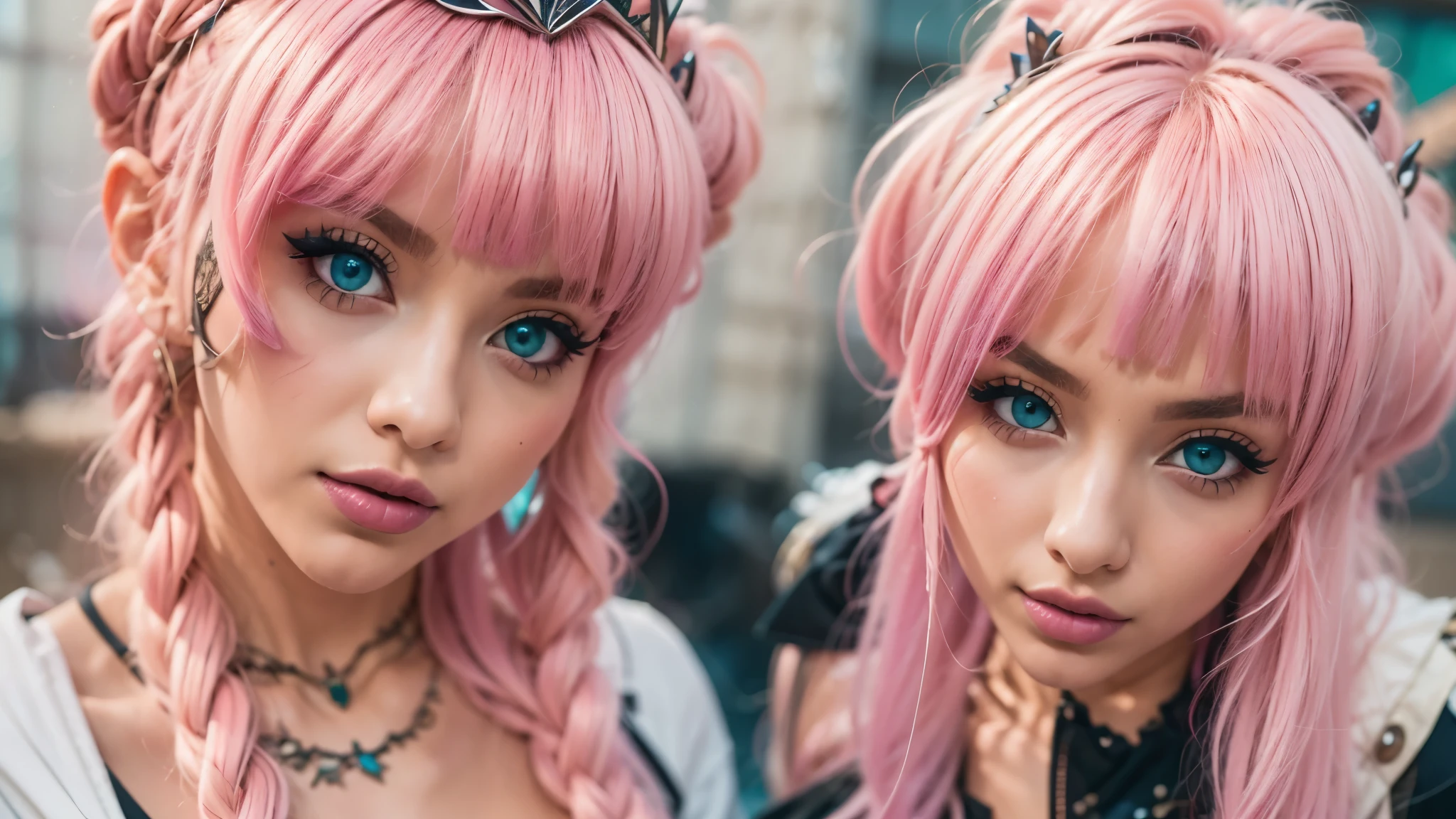 araffe girl with pink hair and a crown on her head, dressed in punk clothing, dressed in crustpunk clothing, anime girl cosplay, cybergoth, wearing a punk outfit, kerli koiv as anime girl, 1 7 - year - old anime goth girl, belle delphine, anime cosplay, with pink hair, anime girl in real life, punk girl