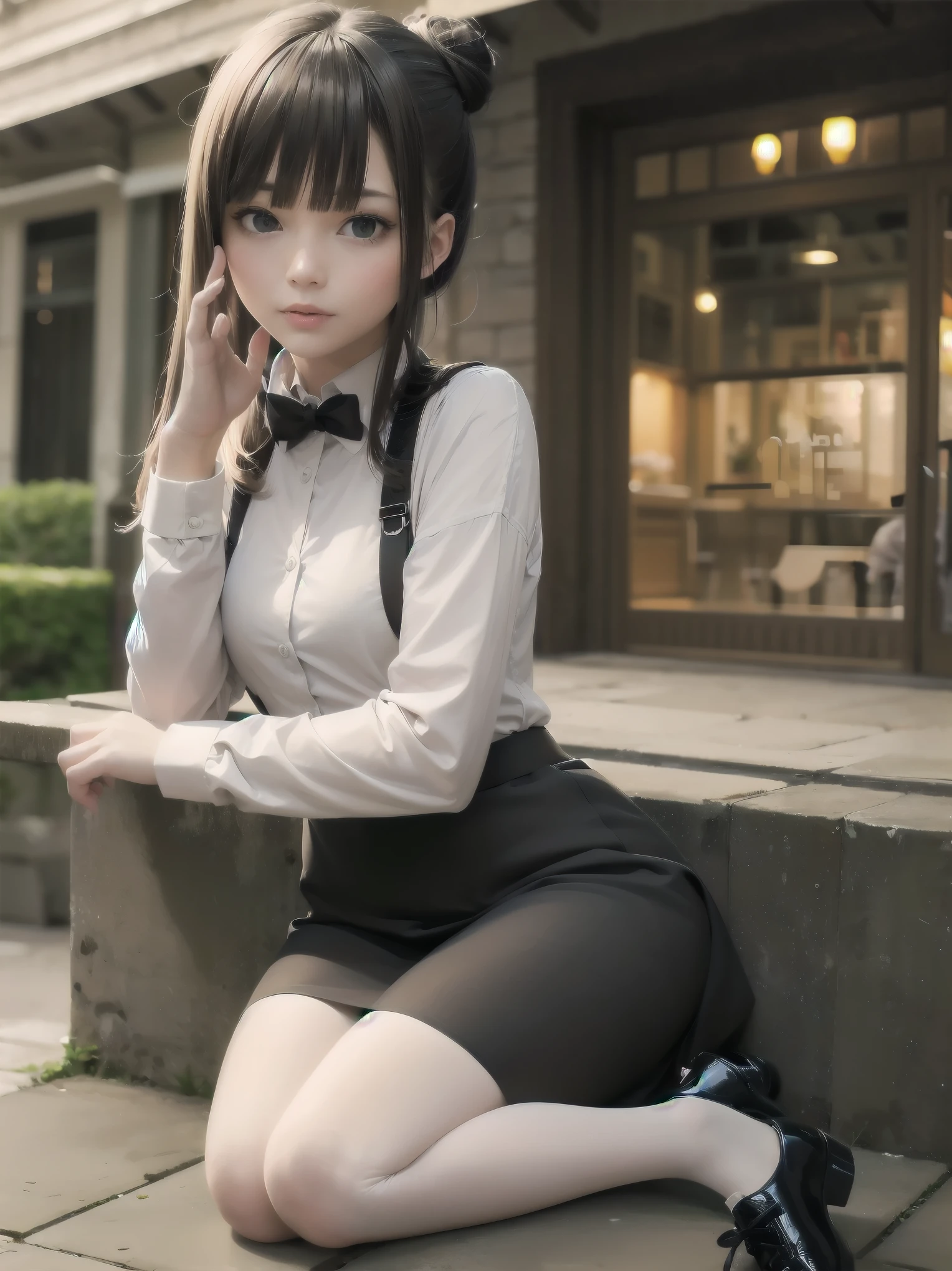 Masterpiece, high quality, high resolution, perfect face, realistic skin texture, young girl, alone, solo, ta, chibi, marquise daughter, daughter fashion, feminine fashion, focused gaze, bangs, skirt, long sleeves, uniform, full body, black pantyhose, outdoor, shoes, seraphook, bangs, blurred, stylish skirt, Black pantyhose, hair in a bun, unusual nostalgic view of the world, fine cobblestones, distant background, artistic shading, best illustration of a beautiful woman, resting head, girl making a mocking gesture, movie scene, expressive actor