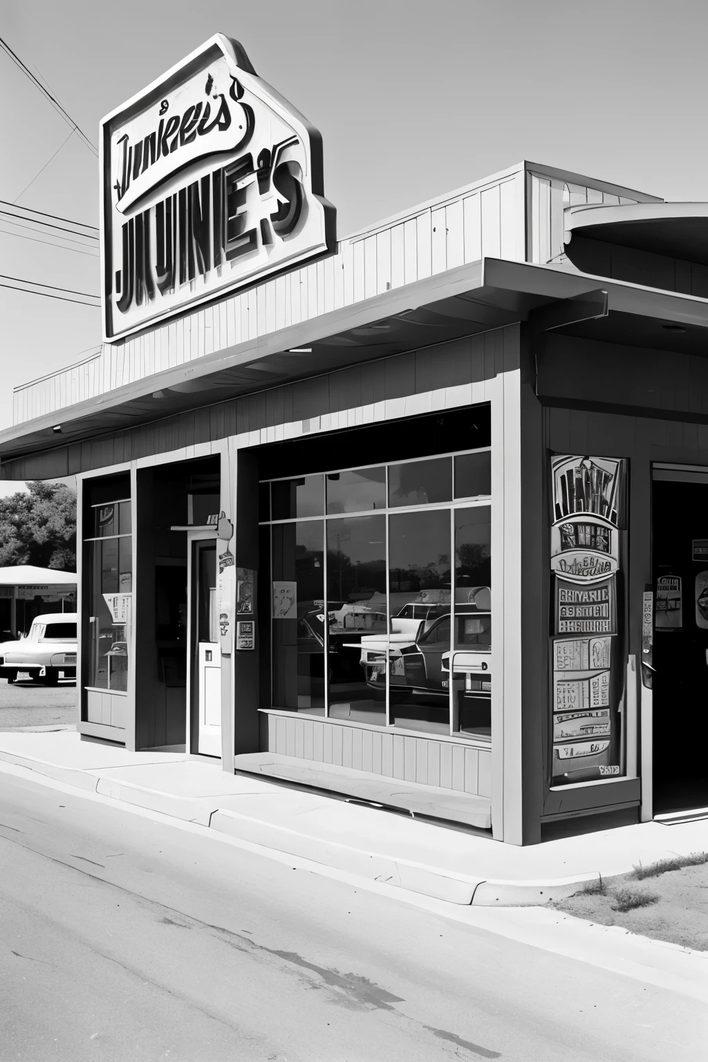 A hamburger shop that opened in Texas, USA in 1945「JUNKIE`S」Store photo taken from the road side、There is a gas station attached、An impala is parked on the road、Black and white photography