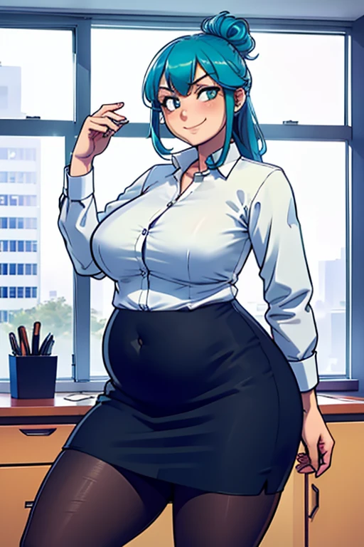 ((high aesthetic, art by BetterWithSalt)), 1girl, aqua blue hair, hair in a bun, blue eyes, black pencil skirt, dress shirt, (pantyhose), cute smile, ((plump)), stuffed_belly, (cowboy shot), fancy office background with lots of windows, (best quality, masterpiece)
