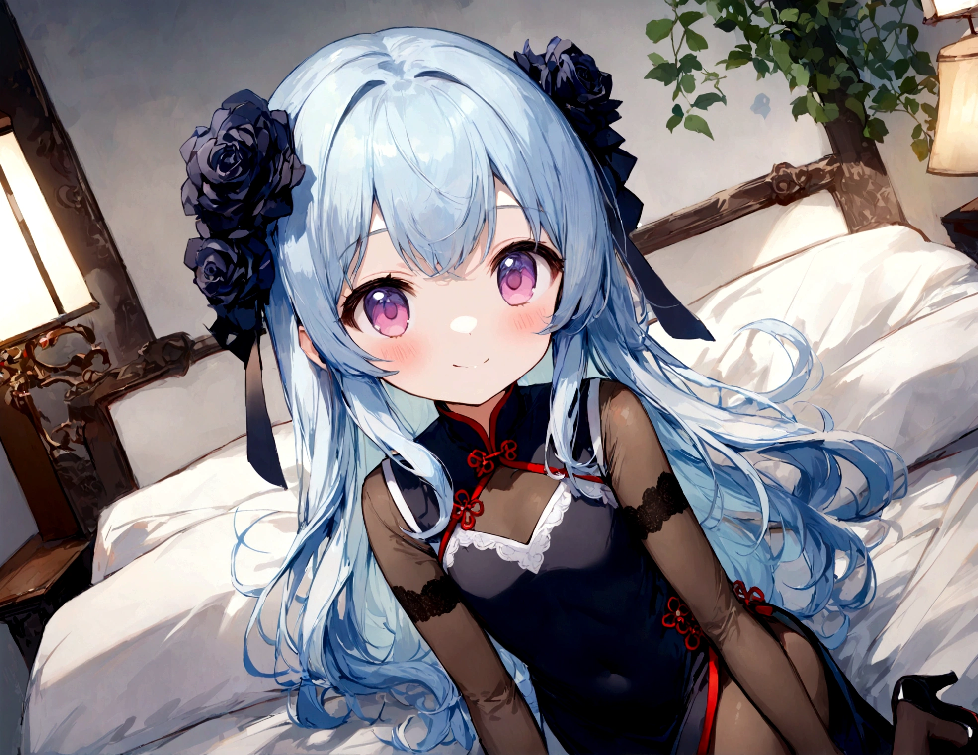 masterpiece, best quality, extremely detailed, (illustration, official art:1.1), 1 girl ,(((( light blue long hair)))), ,(((( light blue long hair)))),light blue hair, ,10 years old, long hair ((blush)) , cute face, big eyes, masterpiece, best quality,(((((a very delicate and beautiful girl))))),Amazing,beautiful detailed eyes,blunt bangs((((little delicate girl)))),tareme(true beautiful:1.2), sense of depth,dynamic angle,,,, affectionate smile, (true beautiful:1.2),,(tiny 1girl model:1.2),)(flat chest), 1girll, Breasts, mitts, bodystocking, solo, Long hair, cropped shoulders, flower,dress, Chinese clothes, Lace-trimmed gloves, hair adornments, full bodyesbian, Black gloves, onbed, blackfootwear, black flower, Red eyes, covered navel, china dress, High heels, Black dress, hair flower, black roses, tightly dress, Purple eyes, plant, tight fit clothes, Indoors, clothing cutout, lamp lights