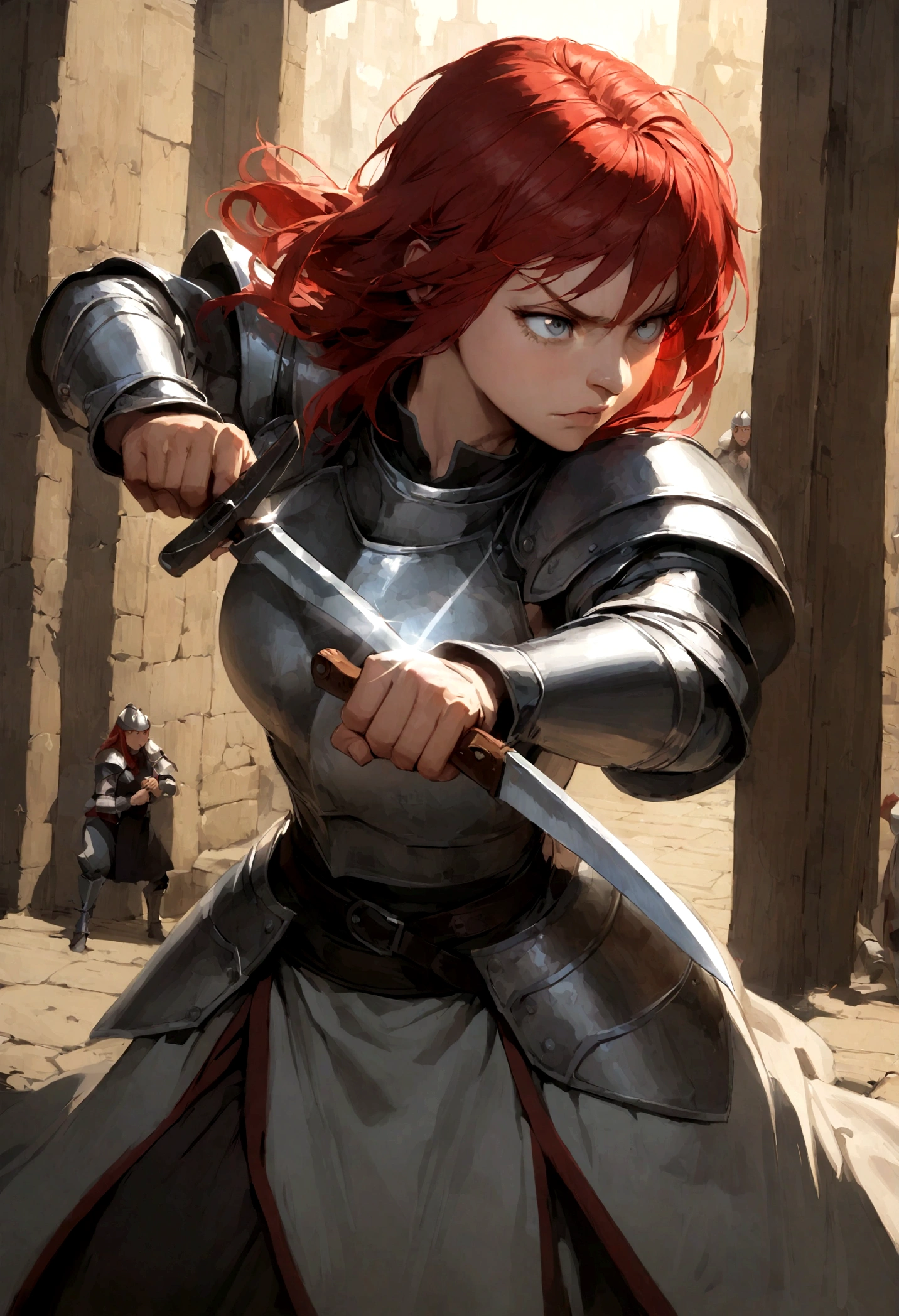 Standing in front of a licensed gate, Holding a knife, battle stance, middle age, red hair, female knight, clear eyes, sharp nose, Tightly closed lips