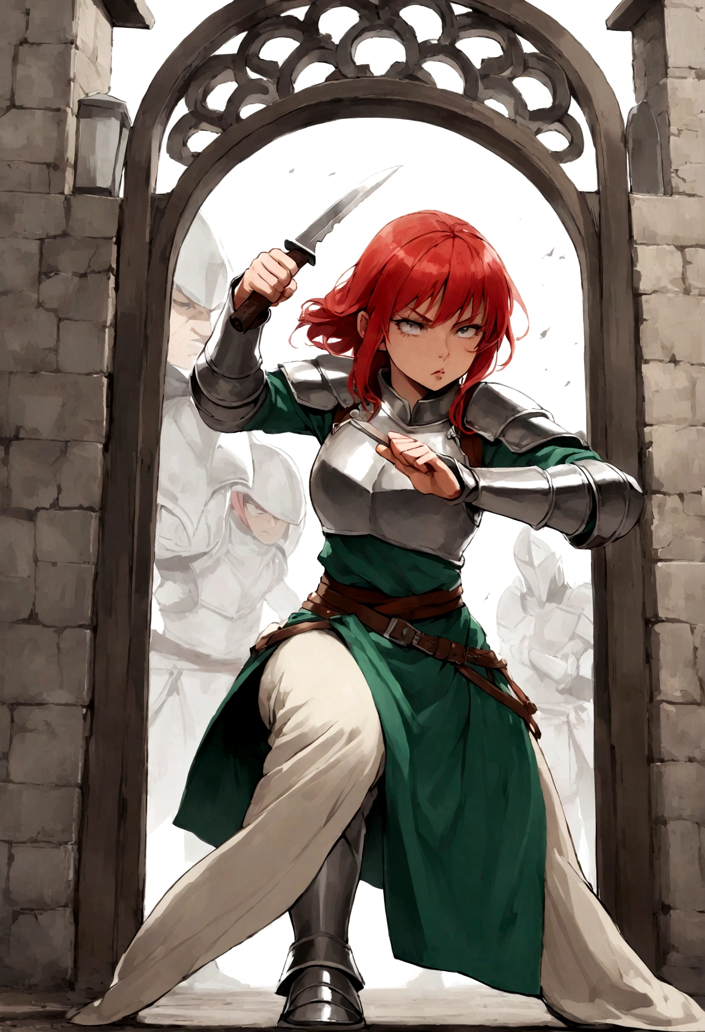 Standing in front of a licensed gate, Holding a knife, battle stance, middle age, red hair, female knight, clear eyes, sharp nose, Tightly closed lips