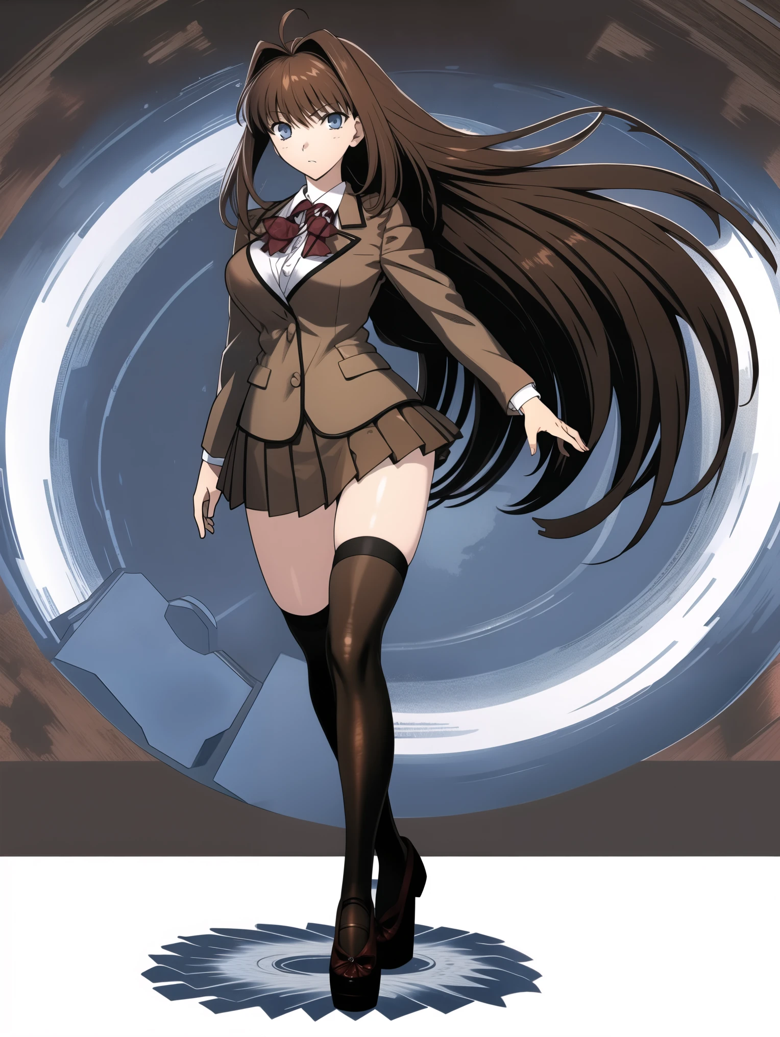BREAK, centered. BREAK, (EMPTY BACKGROUND), BREAK (masterpiece:1), best quality, high resolution, 8k, illustration, (beautiful detailed eyes:1.5), extremely detailed face, extremely detailed body, CG, perfect hands, perfect anatomy, (((1girl))), ((solo)), ((bbaoko)), ((2 legs max)), ((2 feet max:1.6)), ((swirling vortex shaped longest brown hair:1.5)), (brown longest hair with slightly reddish undertone:1.6), (lush luscious longest brown hair:1.6), (very long voluminous longest brown hair:1.5), serious, blue eyes, red bowtie, (Form-fitting beige blazer:1.5), brown jacket, (highly detailed beautiful face:1.2), (white shirt:1), (well shaped large breasts:1.6), (nice hips:1), (((Umber pleated thigh-high skirt:1.6))), (((black bike shorts:1.4))), (toned thighs:1.6), (jetblack thighhighs:1.6), (strap shoes brown color), (facing front:1.5), ((standing straight:1.5)), ((Fullbody in frame:1.6)), ((Full body:1.5)), ((takeuchi takashi:1.3))