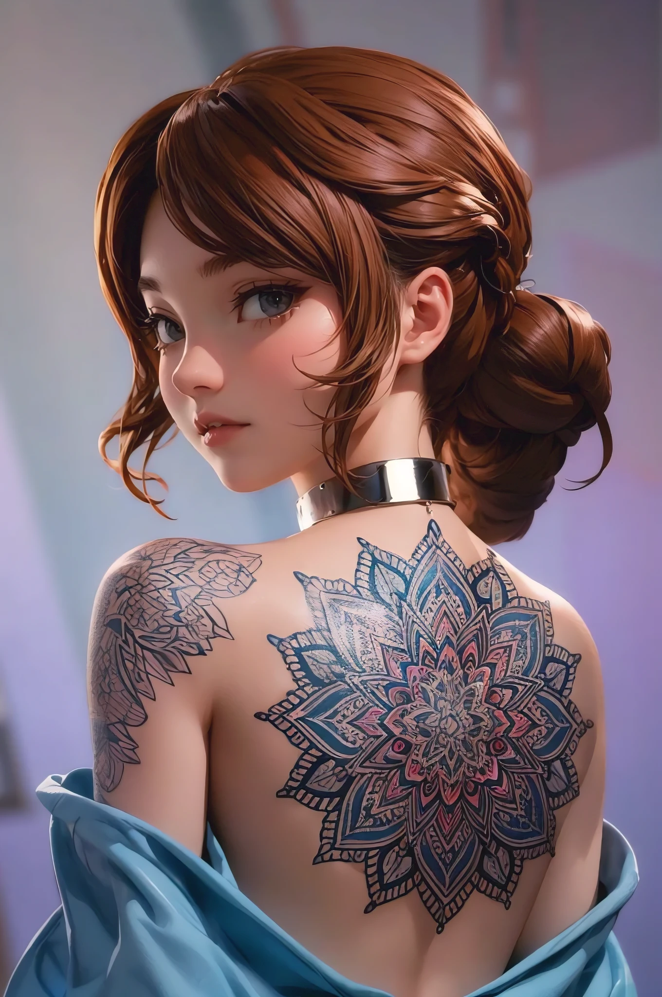 A stunning 3D render of a beautiful anime woman with an intricately detailed mandala tattoo on her back. The tattoo features vivid colors and delicate patterns, standing out boldly against her fair skin. Her glossy, chestnut-brown hair cascades down her back, and she is adorned with a sleek, silver choker. The background is a soft gradient of purples and blues, creating a serene and calming atmosphere., 3d render, anime