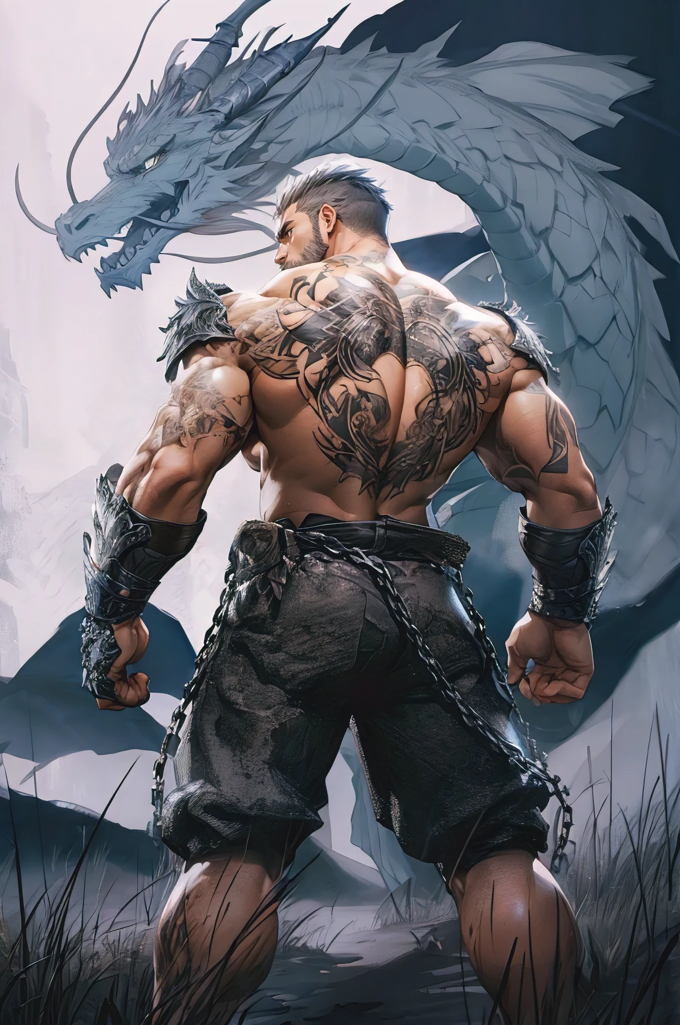 A vicious man turns his back to the viewer and flexes shirtless. He has extensive dragon themed tattoos.