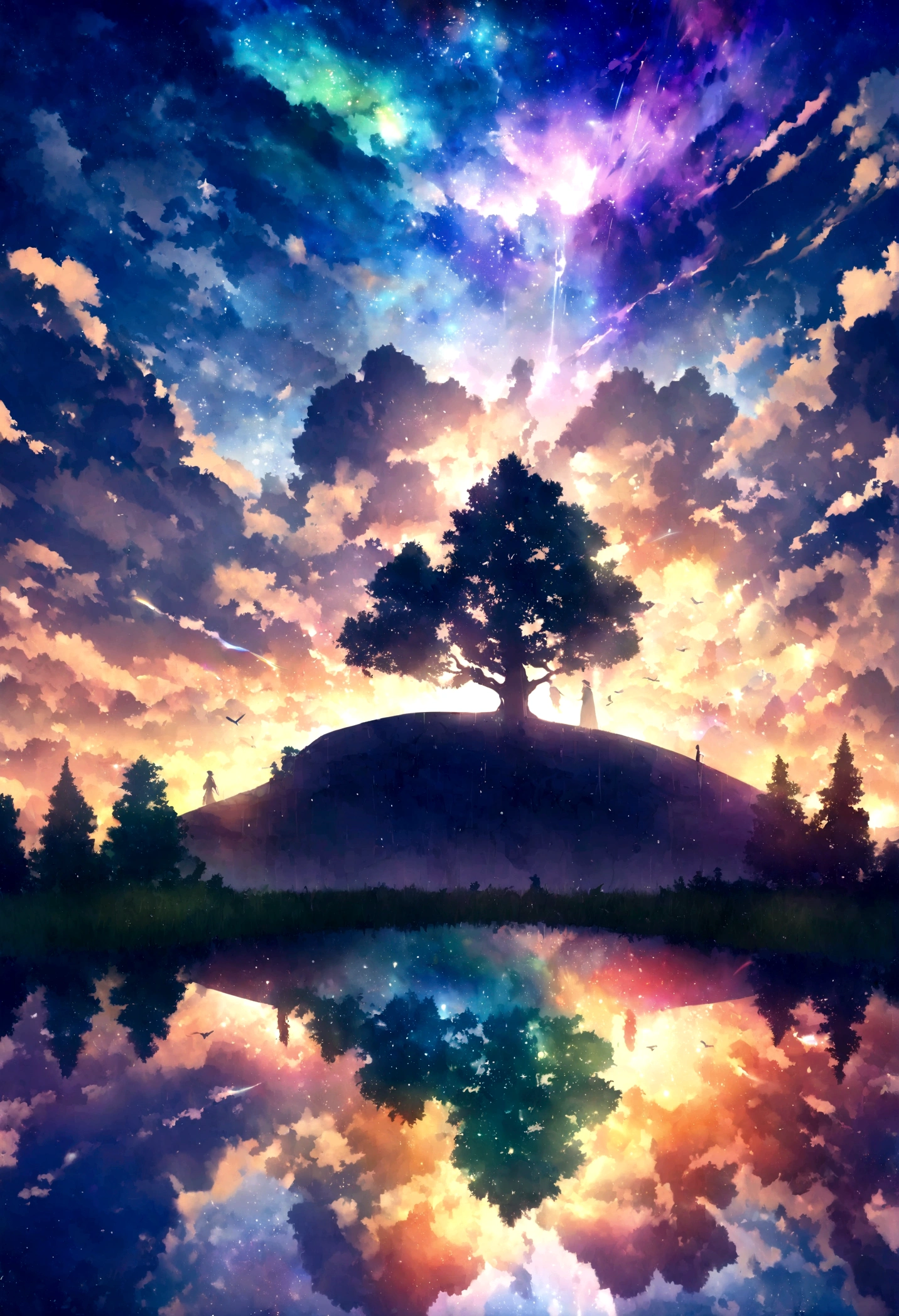 sky sky, blue, White Cloud, After the rain, Sunlight, refraction, Seven colors, Red, orange, yellow, green, blue, Purple, arc, Bridge to Heaven, Light, dream magic, want to, Calm lake, inverted image, Tree silhouette, Birds flying, Fresh, magic, Beautiful natural landscape