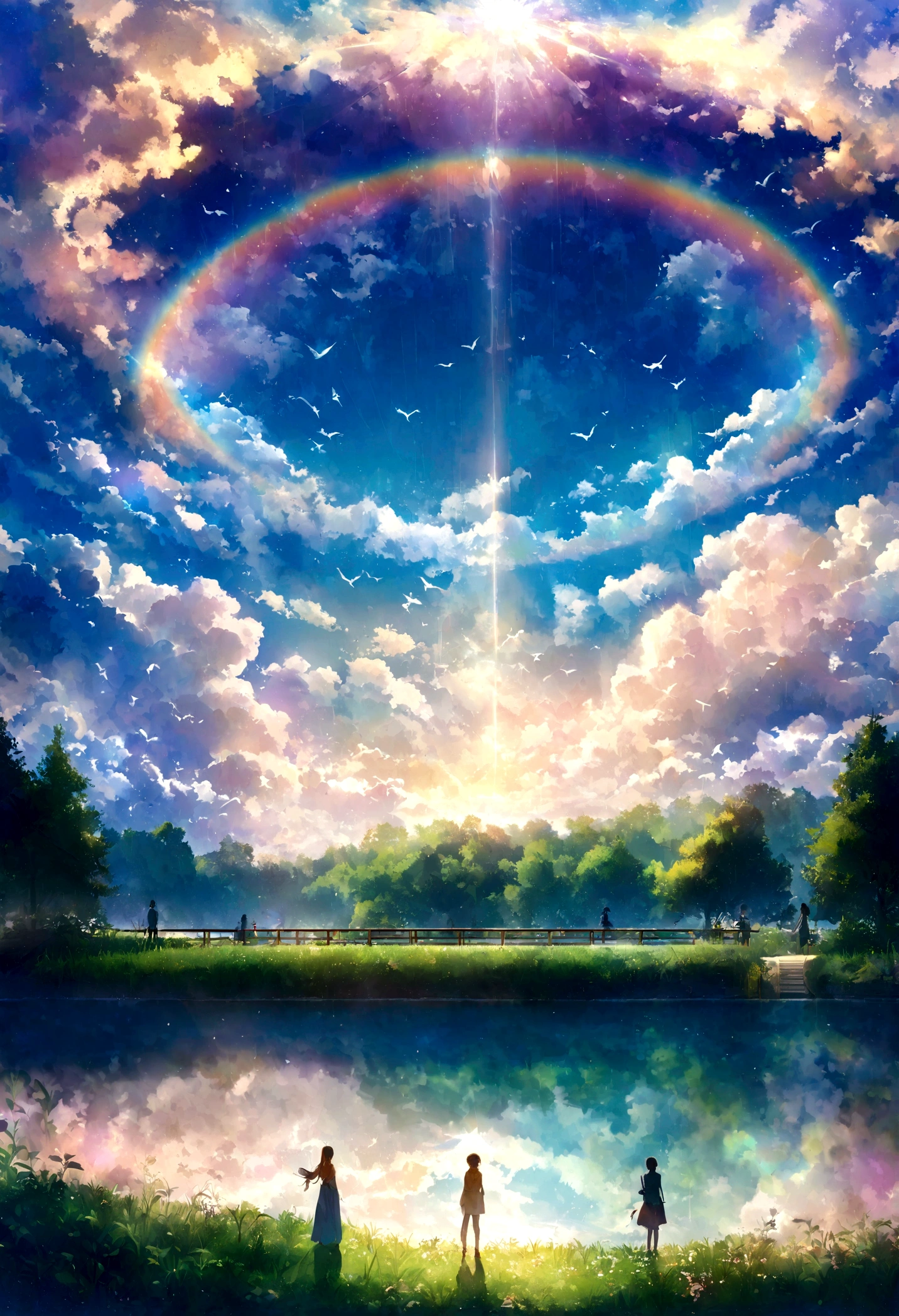 sky sky, blue, White Cloud, After the rain, Sunlight, refraction, Seven colors, Red, orange, yellow, green, blue, Purple, arc, Bridge to Heaven, Light, dream magic, want to, Calm lake, inverted image, Tree silhouette, Birds flying, Fresh, magic, Beautiful natural landscape