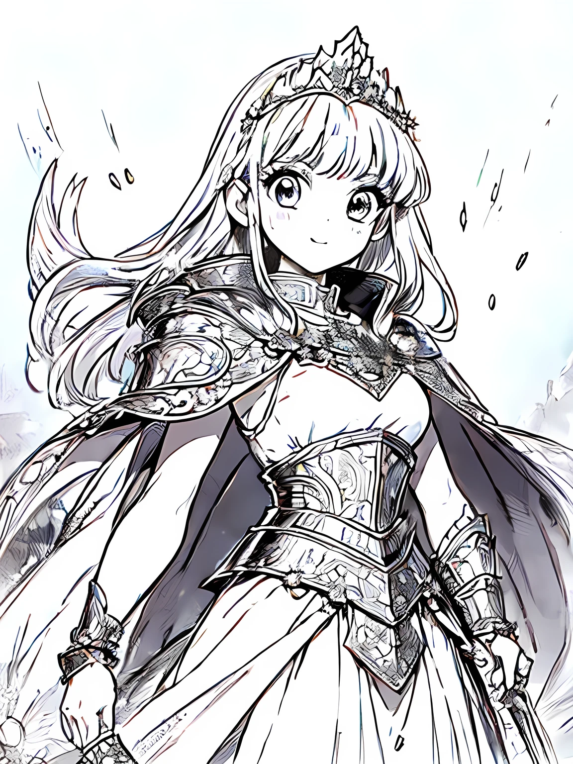 Line art background, background, Monochrome, Line art, ((sketch)),Highest quality,masterpiece,monochrome,Lineart,single color,Create a detailed coloring page,Girl、Big eyes、Beautiful and elegant armor、Plate Armor、Chainmail、Cape、Cape、Small Crown、tiara、Amulet、pendant、bracelet、ring、A large legendary sword engraved with magical powers and symbols.、Powerful Shield、courage、Decisiveness、leadership、Responsibility、Feeling for friends、Dedication、sincerity、Justice、Excellent swordsmanship、High protection、magic、Big eyes、Long Hair、Elegant style、Beauty and charm,smile