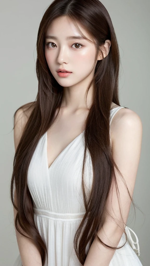 a woman with long hair and a white dress posing for a picture, beautiful south korean woman, beautiful portrait image, lovely delicate face, with long hair and piercing eyes, korean girl, beautiful aesthetic face, beautiful delicate face, beautiful asian girl, young adorable korean face, ethereal beauty, asian girl with long hair, beautiful young korean woman, beautiful anime portrait