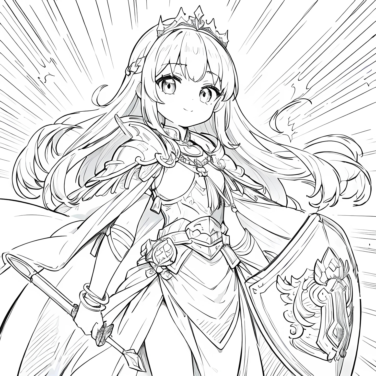 Line art background, background, Monochrome, Line art, ((sketch)),Highest quality,masterpiece,monochrome,Lineart,single color,Create a detailed coloring page,Girl、Big eyes、Beautiful and elegant armor、Plate Armor、Chainmail、Cape、Cape、Small Crown、tiara、Amulet、pendant、bracelet、ring、A large legendary sword engraved with magical powers and symbols.、Powerful Shield、courage、Decisiveness、leadership、Responsibility、Feeling for friends、Dedication、sincerity、Justice、Excellent swordsmanship、High protection、magic、Big eyes、Long Hair、Elegant style、Beauty and charm、smile