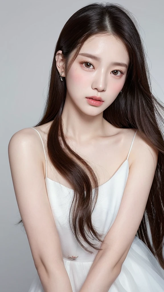 a woman with long hair and a white dress posing for a picture, a photorealistic painting inspired by Yanjun Cheng, trending on cg society, realism, beautiful south korean woman, beautiful portrait image, lovely delicate face, with long hair and piercing eyes, korean girl, beautiful aesthetic face, beautiful delicate face, beautiful asian girl, young adorable korean face, ethereal beauty