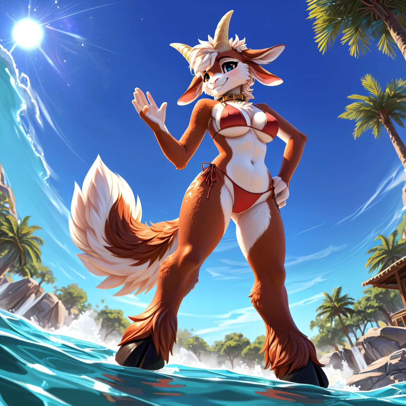 bathing in Oasis, posing in hot spring, standing under water fall,Red neck collar, Red leg garter, red bikini, gilded bikini, gilded bikini border, large heart shape pattern, (hooves:1.2), bikini hearth shape, frill bikini, fluffy goat tail, goat ears, goat horns, goat face, anthropomorphic female, (anthropomorphic goat:1.2), cute female, fursona, fursona furry art, commission for high res, multiple female in background, goat faun fursona, oc commission, female furry mini cute style, fullbody, naughty face, smug, , winking, shy smile, grin smile, low-angle shot, close up, front-side view, toon shader, Wide-Angle, (from below), wide shot, (high details:1.3), (high quality:1.3), (best quality:1.5), (highres:1.5), HD
