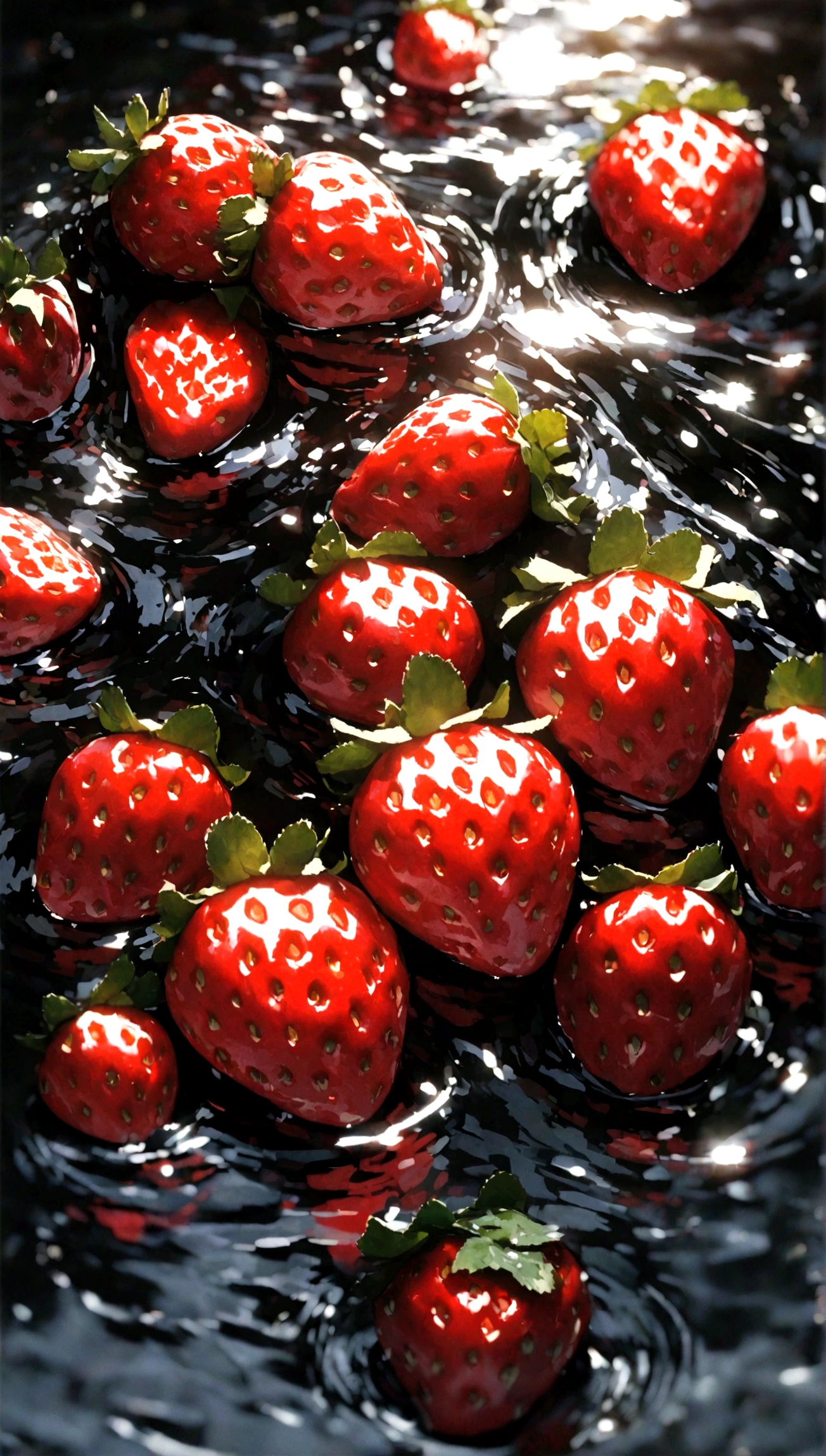 Cinematic RAW Photos，Ultra-realistic photos，Ultra-realistic photos，Digital SLR，Soft Light，Product photo of five strawberries falling into water、Dripping Water、Splashing clear liquid、splash，Dynamic Composer Master Section) (highest quality) (detailed) (Cinema Lighting) (Sharp focus) (Complex), main part, highest quality, Ultra-high resolution, 8K Ultra HD