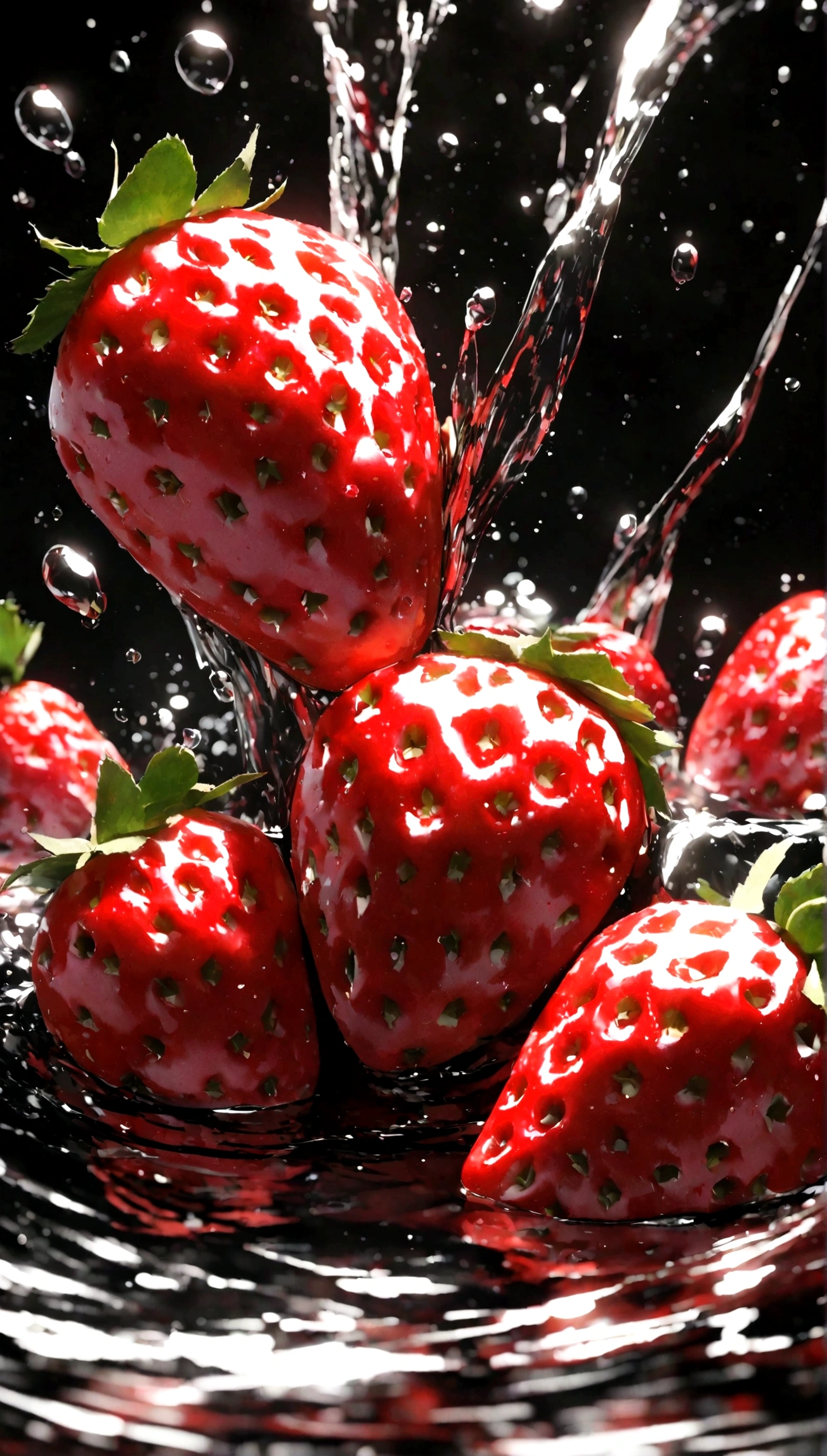 Cinematic RAW Photos,Ultra-realistic photos,Ultra-realistic photos,Digital SLR,Soft Light,Product photo of five strawberries falling into water、Dripping Water、Splashing clear liquid、splash,Dynamic Composer Master Section) (highest quality) (detailed) (Cinema Lighting) (Sharp focus) (Complex), main part, highest quality, Ultra-high resolution, 8K Ultra HD