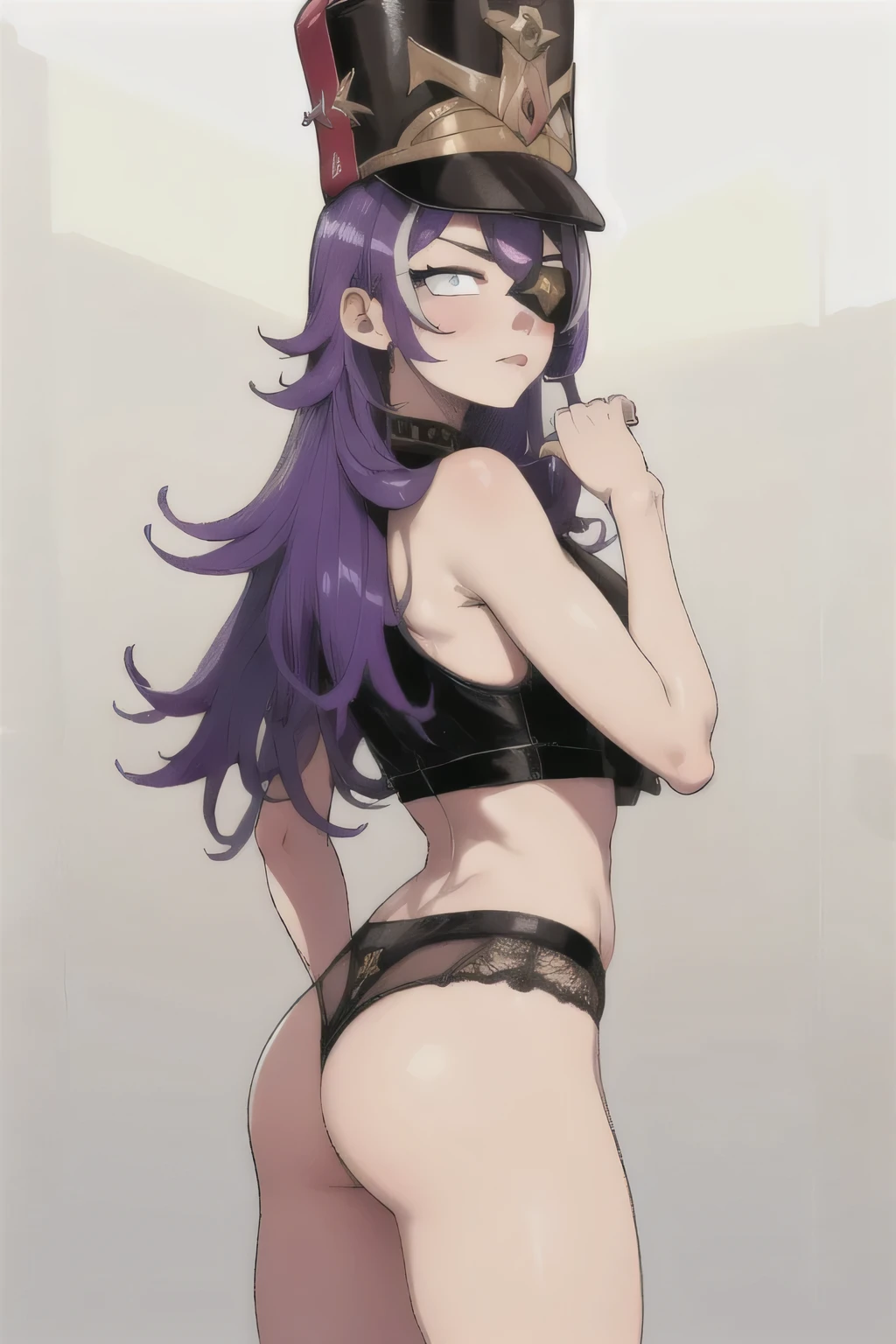 masterpiece, Best quality, 1 Girl,It has,shako hat,purple hair,long hair, eye patch, Purple eyes, in a crop top and thong, ass