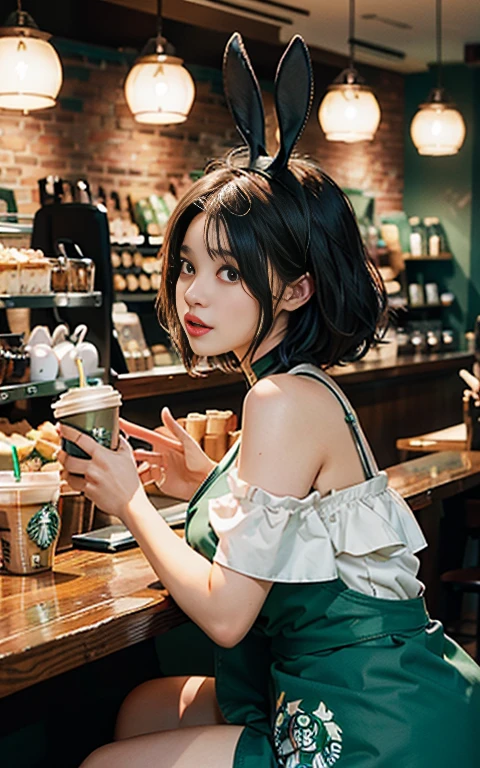 Cool beauty,Looks sweet,bob haistyle, (only wearing dark green starbucks apron, off-shoulders), show clavage, show big thigh, plump body, huge breast, full body photo, squat pose. Wearing black bunny headbe. Side view. nd. In coffee shop.