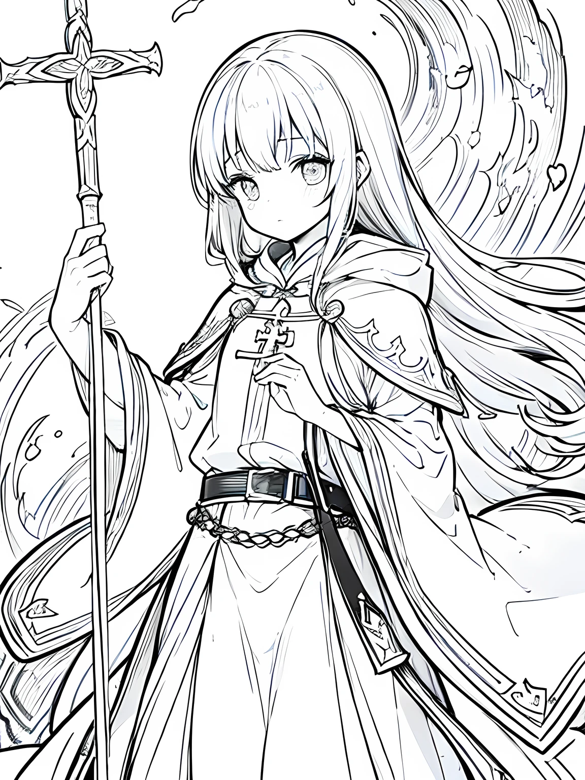 Line art background, background, Monochrome, Line art, ((sketch)),Highest quality,masterpiece,monochrome,Lineart,single color,Create a detailed coloring page,Girl、Big eyes、Long Robe、Cape、Sacred costume、Hooded、mysterious、cross、prayer book、belt、Stall、Combat walking stick、Mace、Sacred Equipment、sympathy、Dedicated、Deep Faith、prayer、meditation、rational、meditation、Healing Magic、Defensive Magic、Support Skills、treat、detoxification、reanimation、Holy Element Attack、Peace of mind、Divine Aura