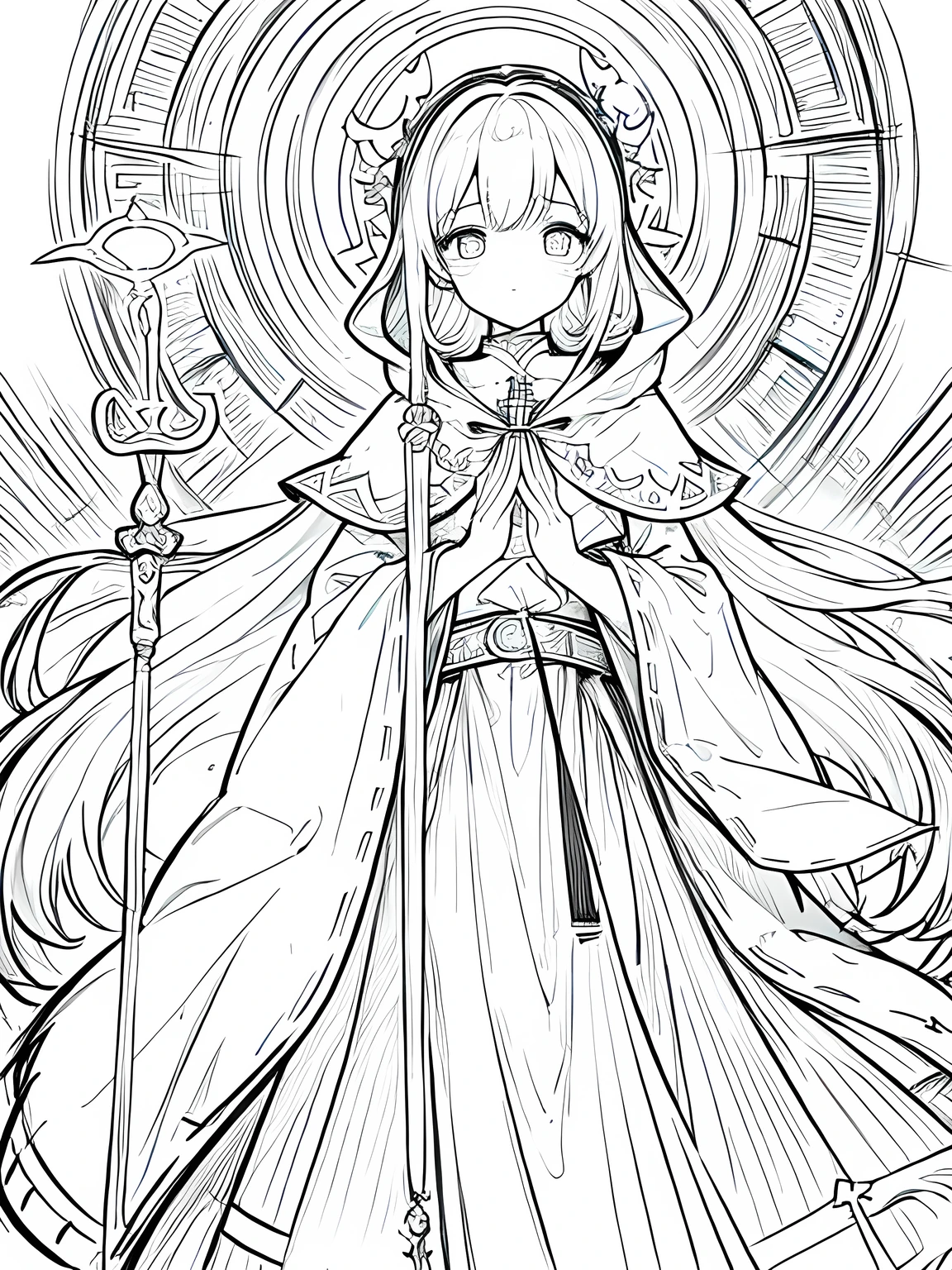 Line art background, background, Monochrome, Line art, ((sketch)),Highest quality,masterpiece,monochrome,Lineart,single color,Create a detailed coloring page,Girl、Big eyes、Long Robe、Cape、Sacred costume、Hooded、mysterious、cross、prayer book、belt、Stall、Combat walking stick、Mace、Sacred Equipment、sympathy、Dedicated、Deep Faith、prayer、meditation、rational、meditation、Healing Magic、Defensive Magic、Support Skills、treat、detoxification、reanimation、Holy Element Attack、Peace of mind、Divine Aura