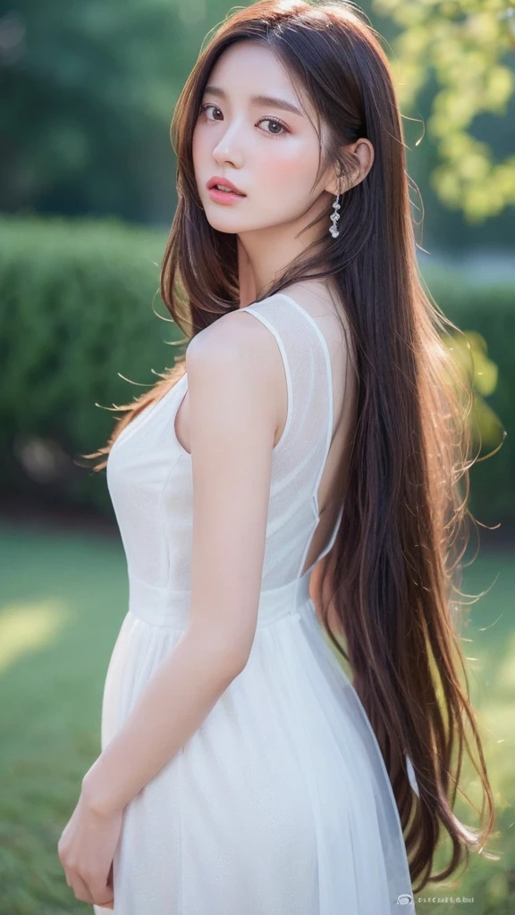 a woman with long hair and a white dress posing for a picture, a photorealistic painting inspired by Yanjun Cheng, trending on cg society, realism, beautiful south korean woman, beautiful portrait image, lovely delicate face, with long hair and piercing eyes, korean girl, beautiful aesthetic face, beautiful delicate face, beautiful asian girl, young adorable korean face, ethereal beauty