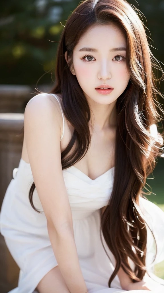 a woman with long hair and a white dress posing for a picture, beautiful south korean woman, beautiful portrait image, lovely delicate face, with long hair and piercing eyes, korean girl, beautiful aesthetic face, beautiful delicate face, beautiful asian girl, young adorable korean face, ethereal beauty, asian girl with long hair, beautiful young korean woman, beautiful anime portrait