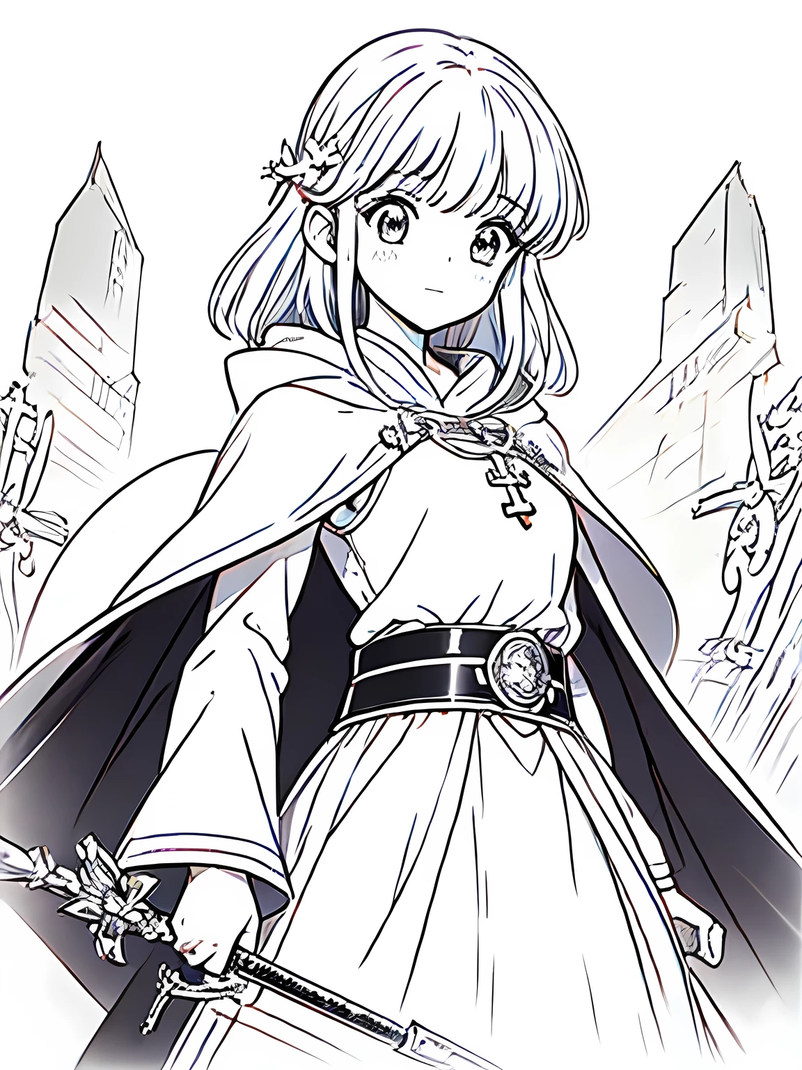 Line art background, background, Monochrome, Line art, ((sketch)),Highest quality,masterpiece,monochrome,Lineart,single color,Create a detailed coloring page,Girl、Big eyes、Long Robe、Cape、Sacred costume、Hooded、mysterious、cross、prayer book、belt、Stall、Combat walking stick、Mace、Sacred Equipment、sympathy、Dedicated、Deep Faith、prayer、meditation、rational、meditation、Healing Magic、Defensive Magic、Support Skills、treat、detoxification、reanimation、Holy Element Attack、Peace of mind、Divine Aura