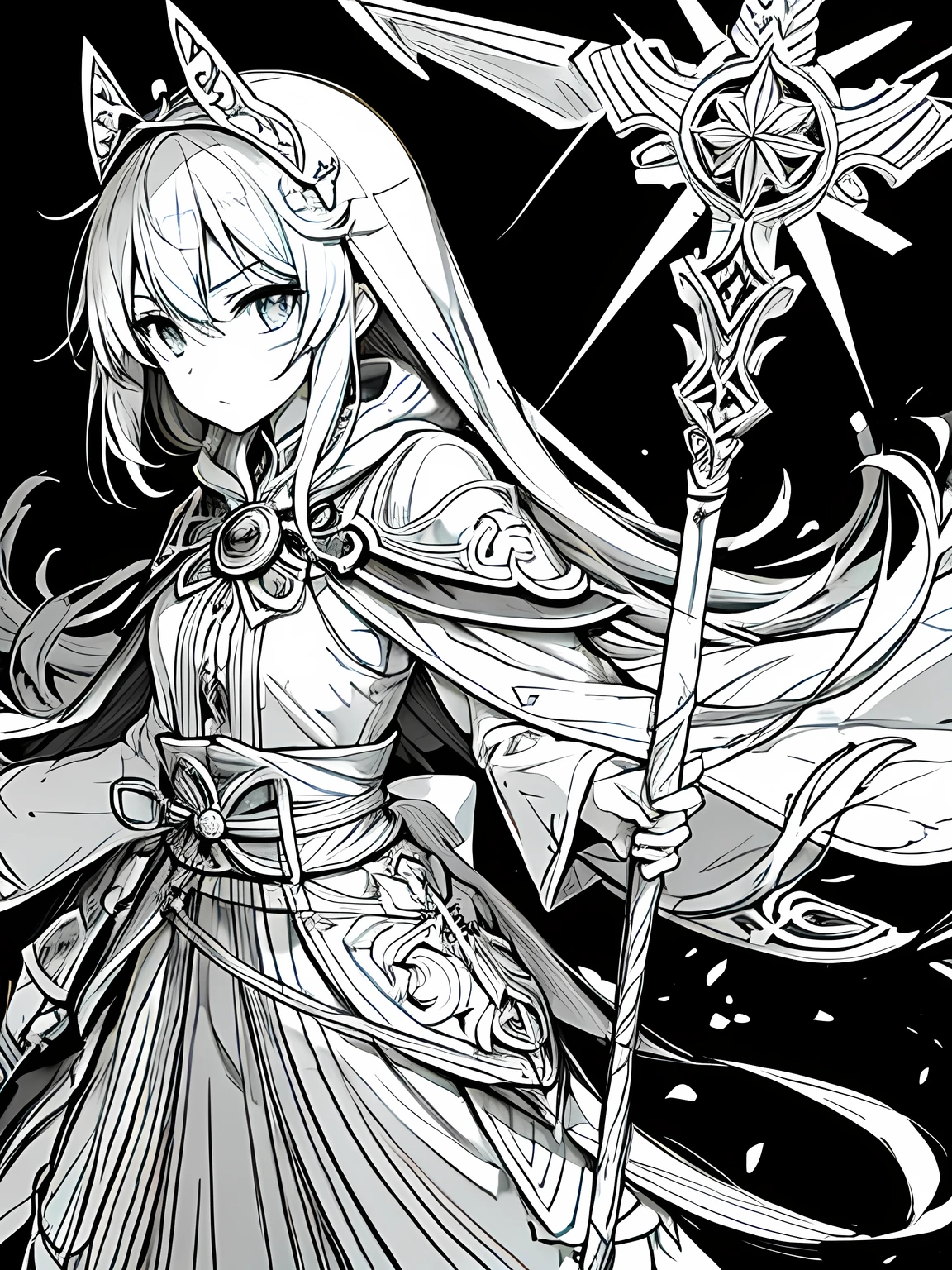 Line art background, background, Monochrome, Line art, ((sketch)),Highest quality,masterpiece,monochrome,Lineart,single color,Create a detailed coloring page,Girl、Big eyes、Long Robe、Cape、Sacred costume、Hooded、mysterious、cross、prayer book、belt、Stall、Combat walking stick、Mace、Sacred Equipment、sympathy、Dedicated、Deep Faith、prayer、meditation、rational、meditation、Healing Magic、Defensive Magic、Support Skills、treat、detoxification、reanimation、Holy Element Attack、Peace of mind、Divine Aura