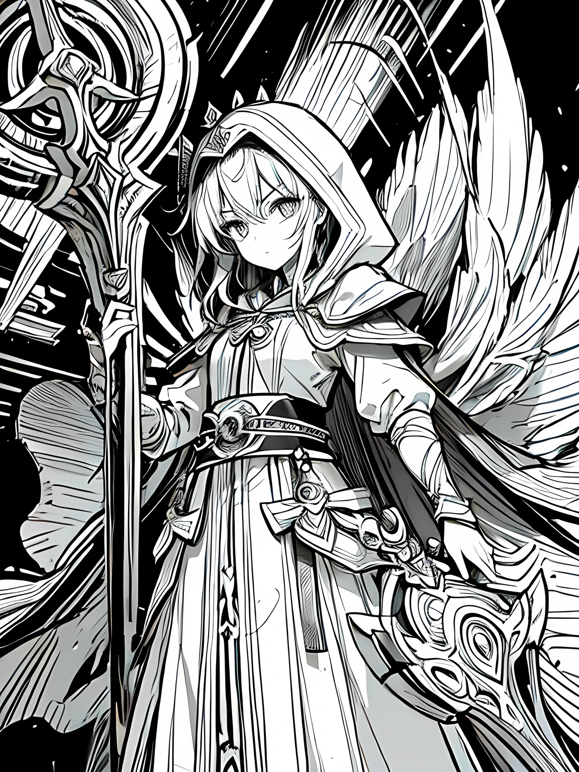 Line art background, background, Monochrome, Line art, ((sketch)),Highest quality,masterpiece,monochrome,Lineart,single color,Create a detailed coloring page,Girl、Big eyes、Long Robe、Cape、Sacred costume、Hooded、mysterious、cross、prayer book、belt、Stall、Combat walking stick、Mace、Sacred Equipment、sympathy、Dedicated、Deep Faith、prayer、meditation、rational、meditation、Healing Magic、Defensive Magic、Support Skills、treat、detoxification、reanimation、Holy Element Attack、Peace of mind、Divine Aura