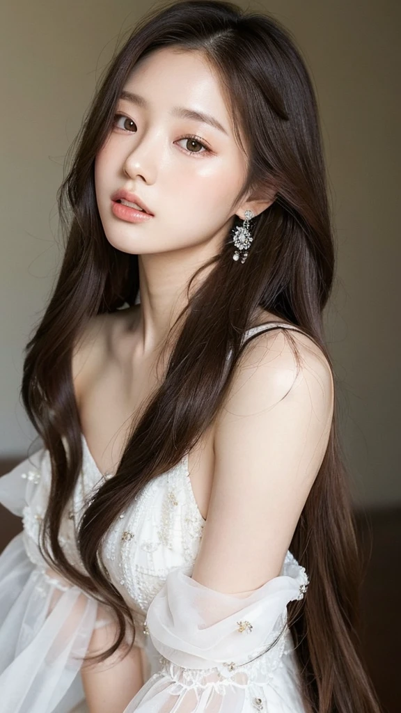 a woman with long hair and a white dress posing for a picture, beautiful south korean woman, beautiful portrait image, lovely delicate face, with long hair and piercing eyes, korean girl, beautiful aesthetic face, beautiful delicate face, beautiful asian girl, young adorable korean face, ethereal beauty, asian girl with long hair, beautiful young korean woman, beautiful anime portrait