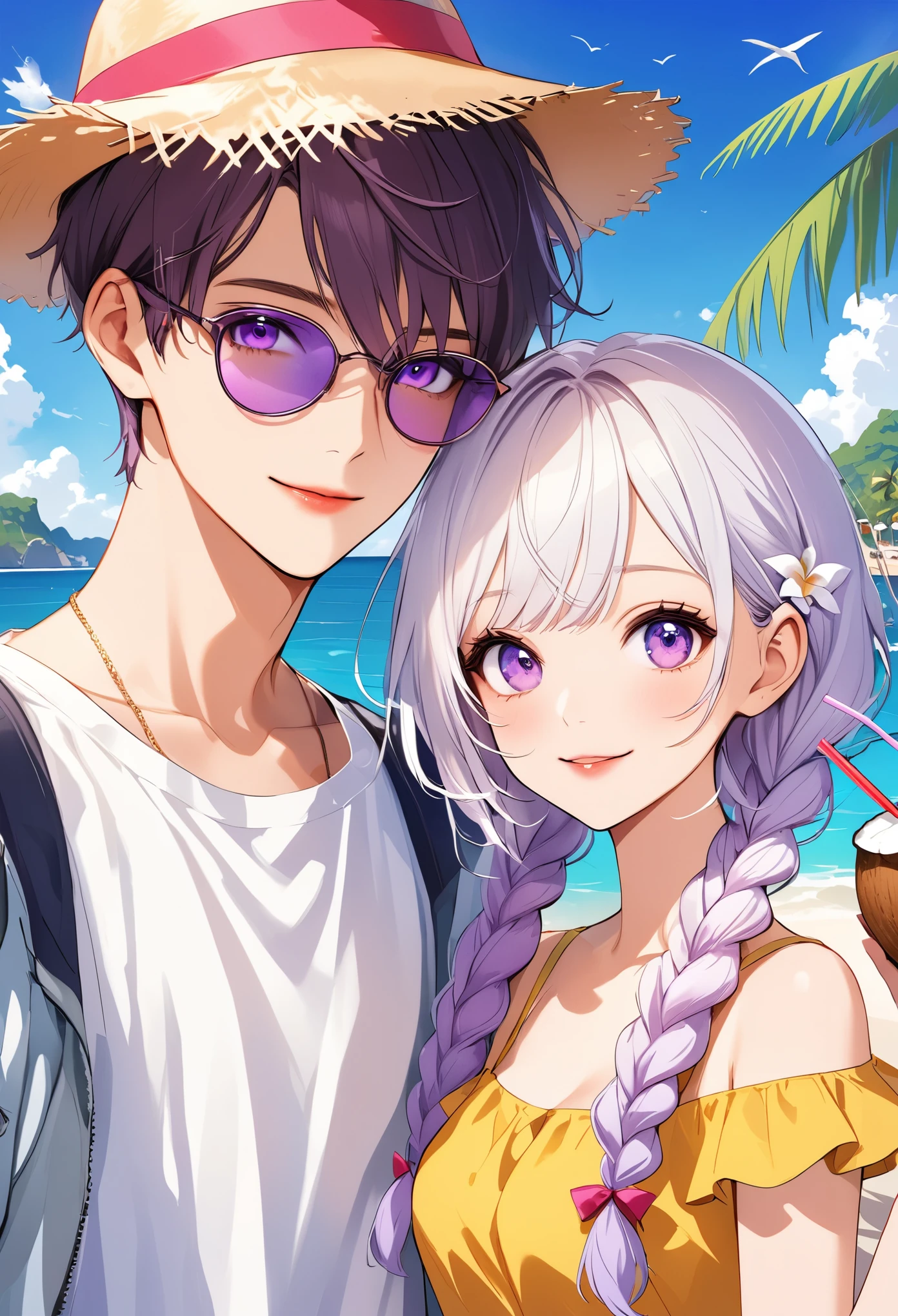 Enjoyable holiday，Vacation，Vector illustration，A cool young couple，Group photo，bust， Purple Eyes，girl，Purple Eyes，White hair-purple-long braids。 seaside，coconut+straw