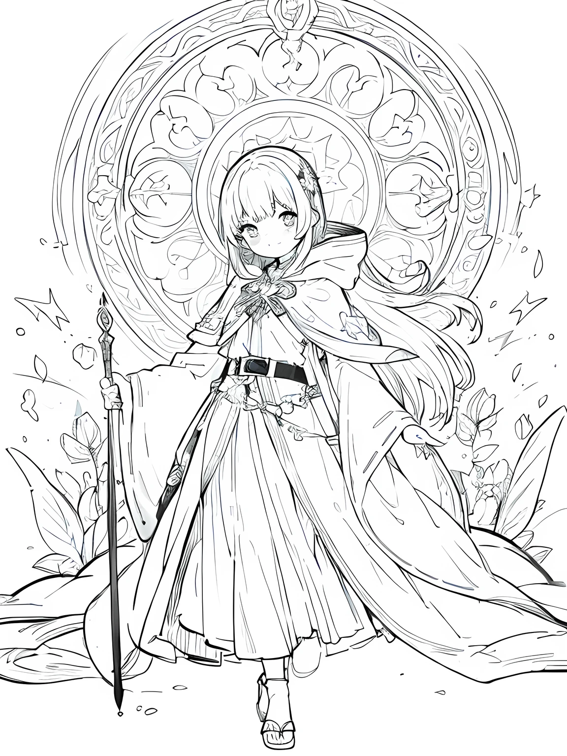Line art background, background, Monochrome, Line art, ((sketch)),Highest quality,masterpiece,monochrome,Lineart,single color,Create a detailed coloring page,Girl、Big eyes、Long Robe、Cape、Sacred costume、Hooded、mysterious、cross、prayer book、belt、Stall、Combat walking stick、Mace、Sacred Equipment、sympathy、Dedicated、Deep Faith、prayer、meditation、rational、meditation、Healing Magic、Defensive Magic、Support Skills、treat、detoxification、reanimation、Holy Element Attack、Peace of mind、Divine Aura,smile