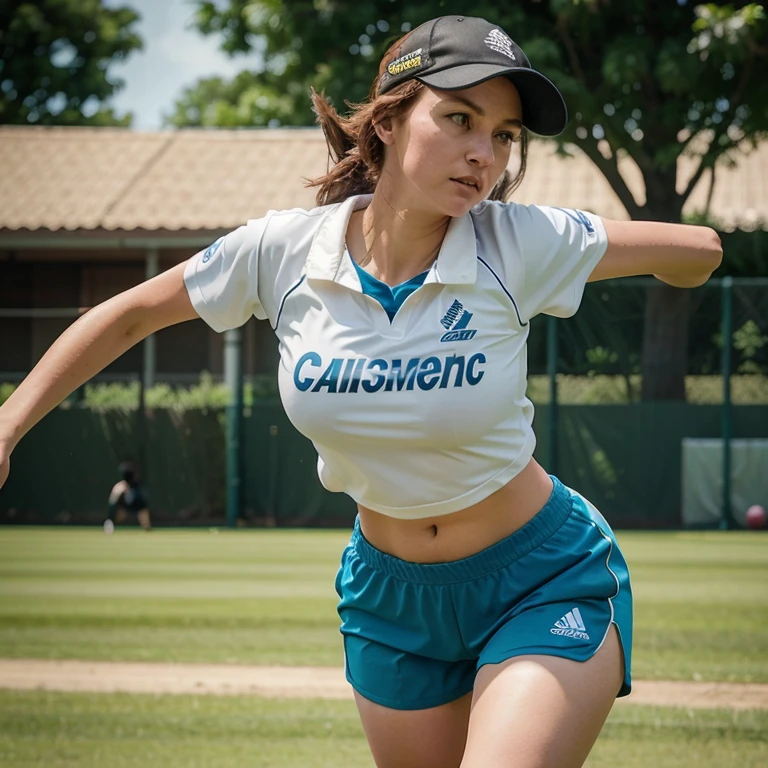 During a fielding practice session, a tall, 39-year-old woman with a round-shaped face, white skin,wearing cricket helmet,and chestnut brown hair disheveled and flowing down to her breasts in two parted sides is honing her skills. Dressed in a cricket training shirt and shorts, she moves swiftly across the field, her eyes locked on the ball. She dives to make a catch, her athletic build and large breast size well-supported by her fitted sports gear, showcasing her agility and commitment to improving her game."