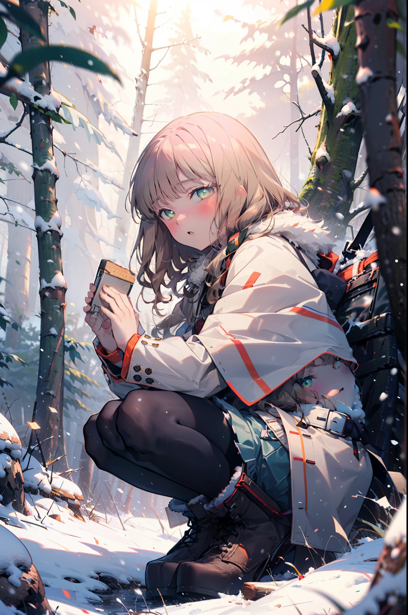 minami yume ,sss Dynazenon ,Long Hair, Brown Hair, (Green Eyes:1.5) ,blush,White Breath,
Open your mouth,snow,Ground bonfire, Outdoor, boots, snowing, From the side, wood, suitcase, Cape, Blurred, forest, White handbag, nature,  Squat, Mouth closed, Cape, winter, Written boundary depth, Black shoes, red Cape break looking at viewer, Upper Body, whole body, break Outdoor, forest, nature, break (masterpiece:1.2), highest quality, High resolution, unity 8k wallpaper, (shape:0.8), (Beautiful and beautiful eyes:1.6), Highly detailed face, Perfect lighting, Highly detailed CG, (Perfect hands, Perfect Anatomy),