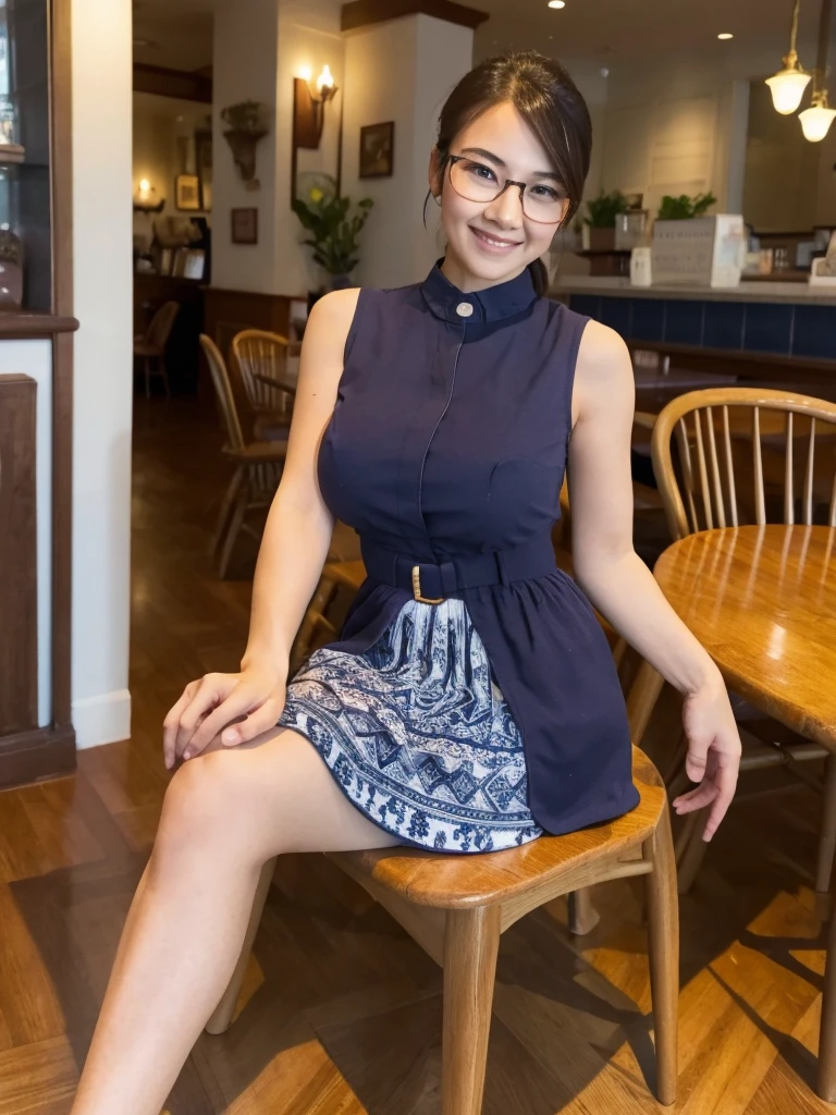 highest quality, masterpiece, High resolution, Photorealistic, RAW Photos, 8k wallpaper, perfection, Professional and bright lighting, Very detailed,(Big Breasts),(Tight waist),(Thin and beautiful legs), whole body, ((View your viewers)), Detailed face, Beautiful Eyes,smile,Braid,Sleeveless buttoned and collared shirt,Navy blue long skirt,Glasses,An elegant pose,Sit on a chair in a cafe,I have a book