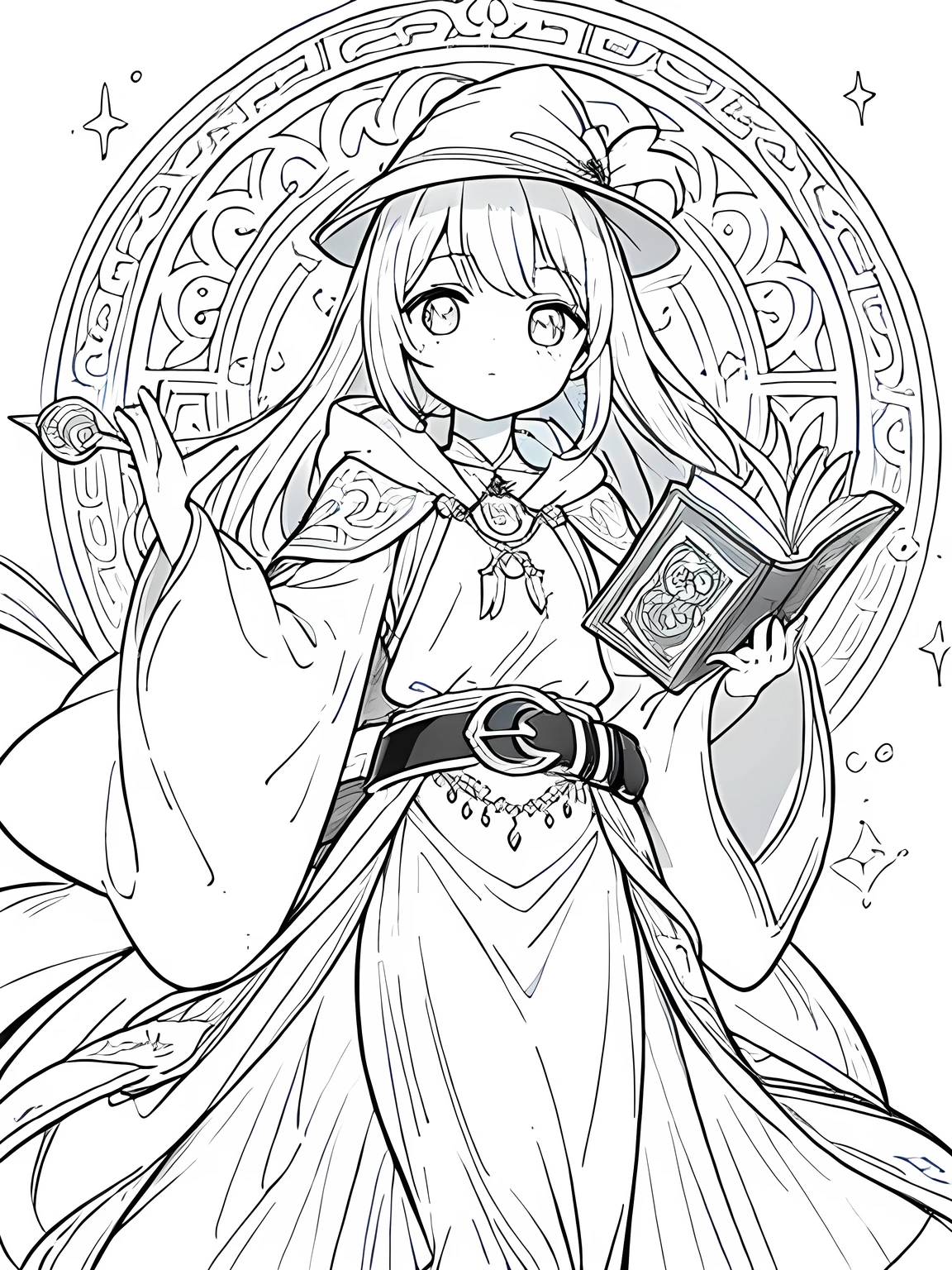 Line art background, background, Monochrome, Line art, ((sketch)),Highest quality,masterpiece,monochrome,Lineart,single color,Create a detailed coloring page,Girl、Big eyes、A long robe with wide sleeves and a hem、Large hood、Pointed hat、Mysterious Aura、A cloak decorated with a magic circle emblem、Amulet、pendant、A wand inlaid with gems and magical runes、book of magic、Magic Ring、Portion、belt、incantation、magic theory、Curious、High concentration、Calm、Theoretical、Calculating、mysterious、Elemental Magic、Powerful incantation、magic theory、Witch Hat

