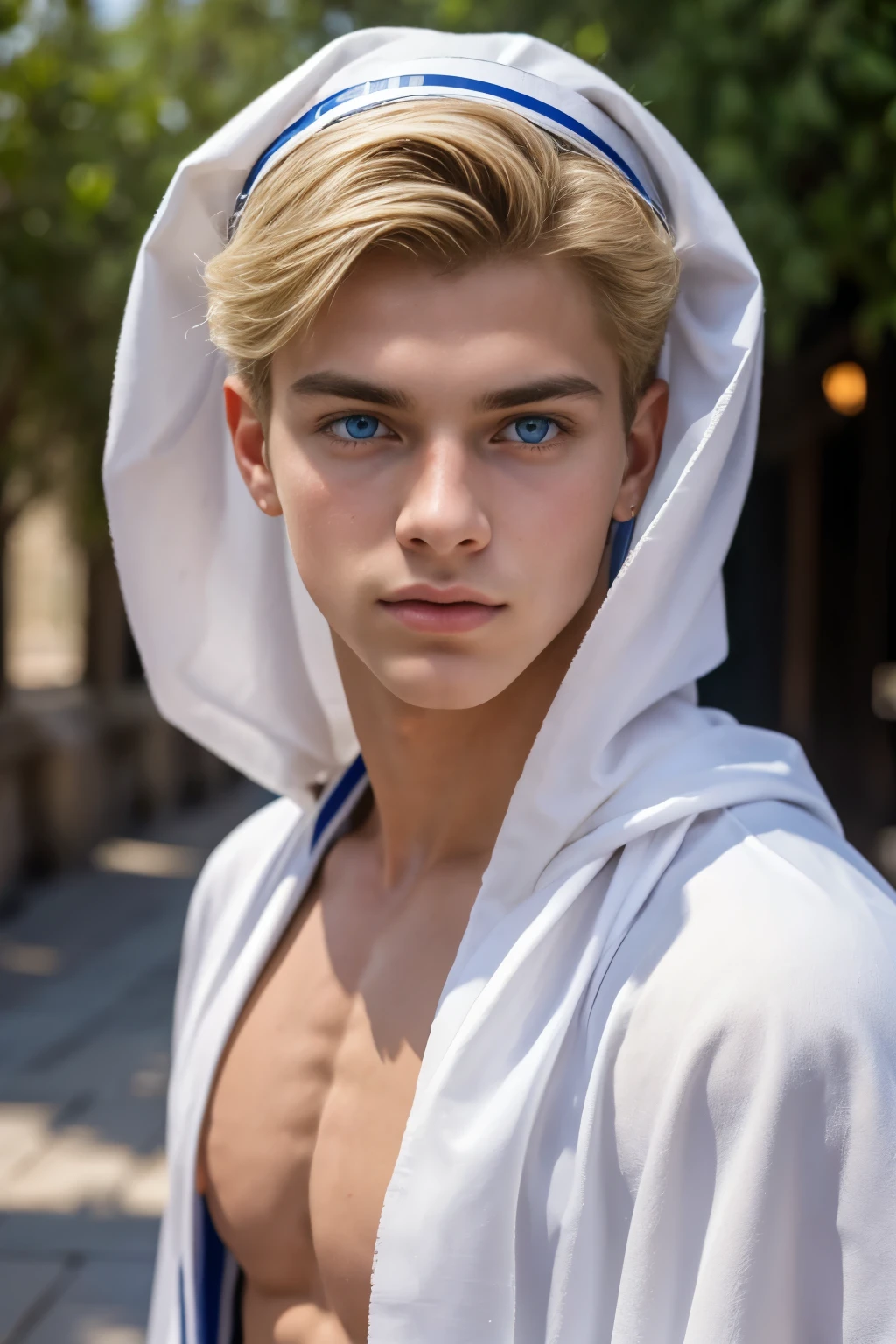 Portrait, 1boy, ************, wears Greek toga, ancient Greece, handsome, Greek model, blonde boy, blue eyes, symmetrical, focus on the boy, medium shot, slim but defined body, looking at the camera, film grain, young god greek, beauty, pose, super model