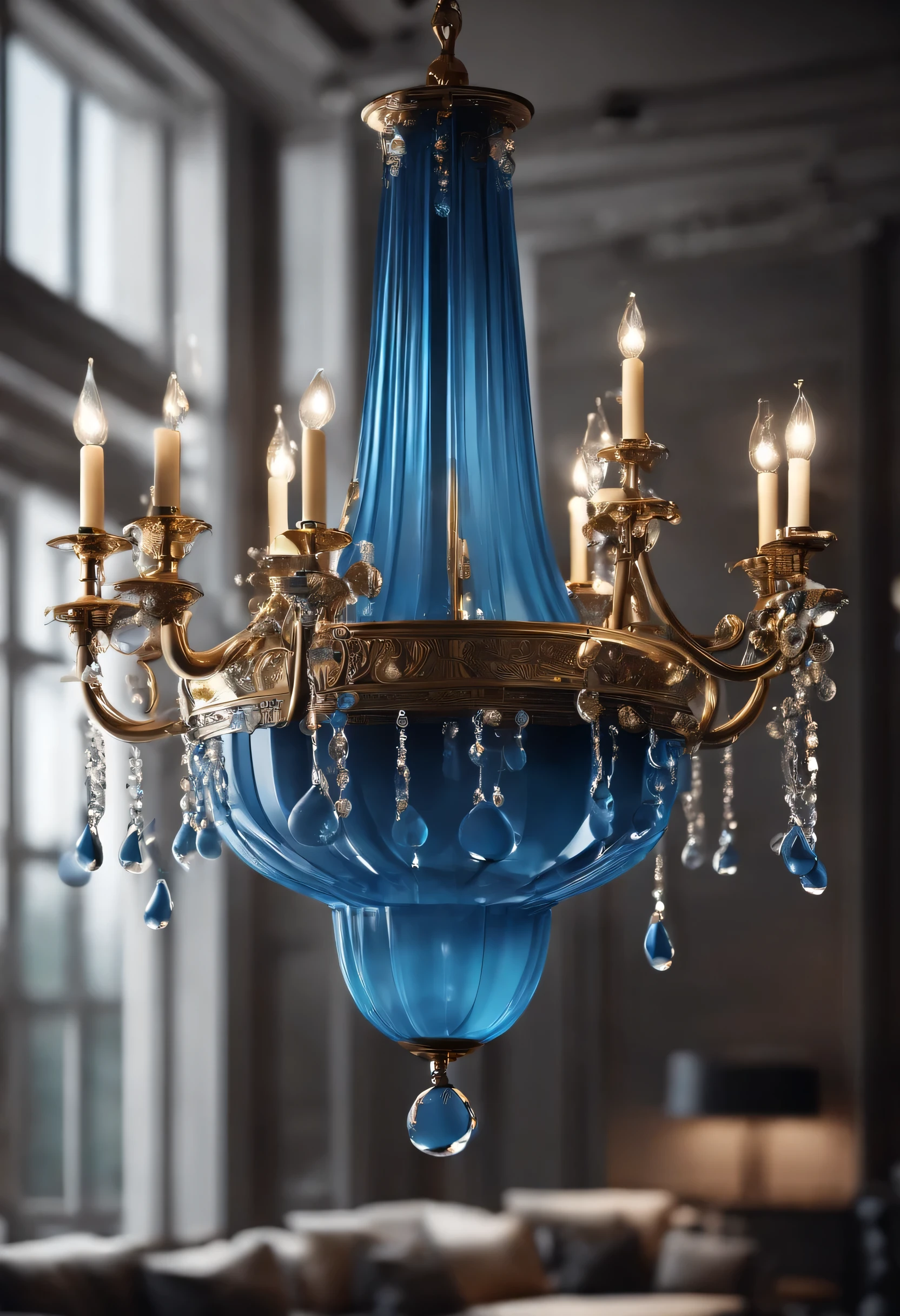 Professional architectural 3D rendering of the design of a chandelier in a modern and minimal style in the shape of raindrops and in blue color