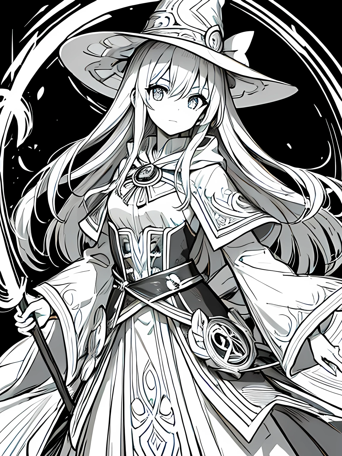 Line art background, background, Monochrome, Line art, ((sketch)),Highest quality,masterpiece,monochrome,Lineart,single color,Create a detailed coloring page,Girl、Big eyes、A long robe with wide sleeves and a hem、Large hood、Pointed hat、Mysterious Aura、A cloak decorated with a magic circle emblem、Amulet、pendant、A wand inlaid with gems and magical runes、book of magic、Magic Ring、Portion、belt、incantation、magic theory、Curious、High concentration、Calm、Theoretical、Calculating、mysterious、Elemental Magic、Powerful incantation、magic theory、Witch Hat