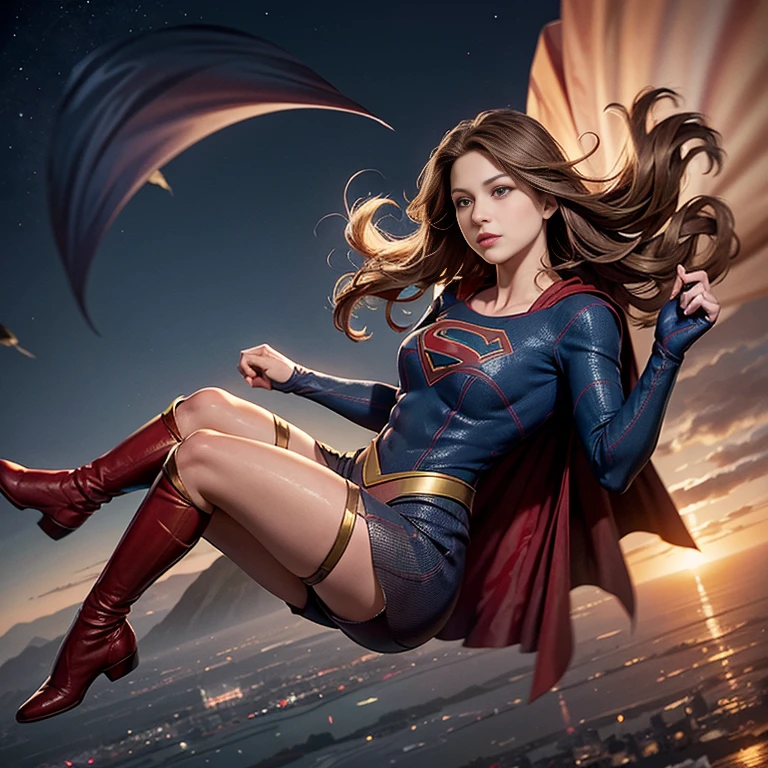 solo, 1girl, m3l1ss, supergirl, brown hair, s0p3r6m3l1s4-smf, blue eyes, blue bodysuit, long sleeves, red cape, floating down towards earth