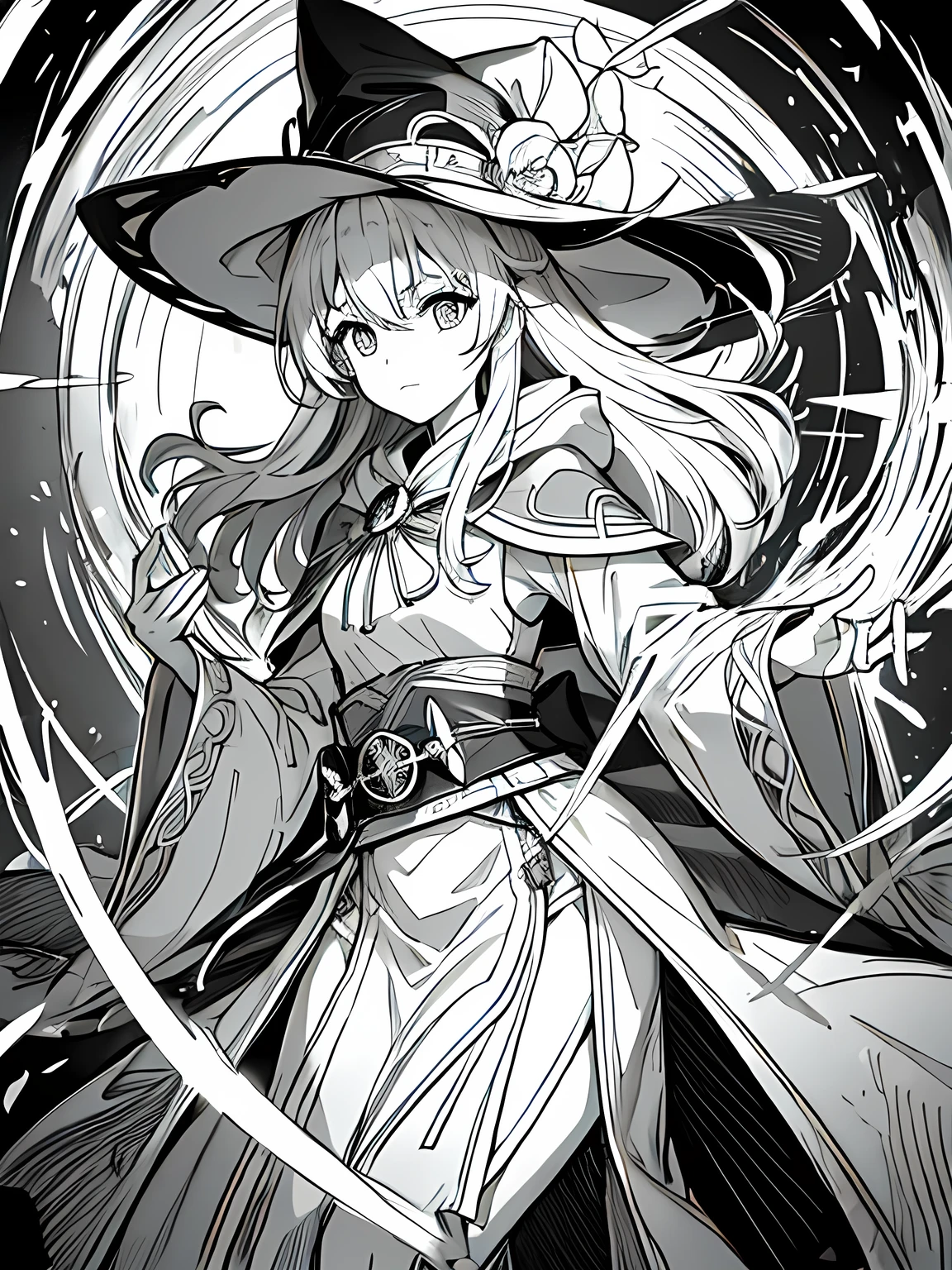 Line art background, background, Monochrome, Line art, ((sketch)),Highest quality,masterpiece,monochrome,Lineart,single color,Create a detailed coloring page,Girl、Big eyes、A long robe with wide sleeves and a hem、Large hood、Pointed hat、Mysterious Aura、A cloak decorated with a magic circle emblem、Amulet、pendant、A wand inlaid with gems and magical runes、book of magic、Magic Ring、Portion、belt、incantation、magic theory、Curious、High concentration、Calm、Theoretical、Calculating、mysterious、Elemental Magic、Powerful incantation、magic theory、Witch Hat