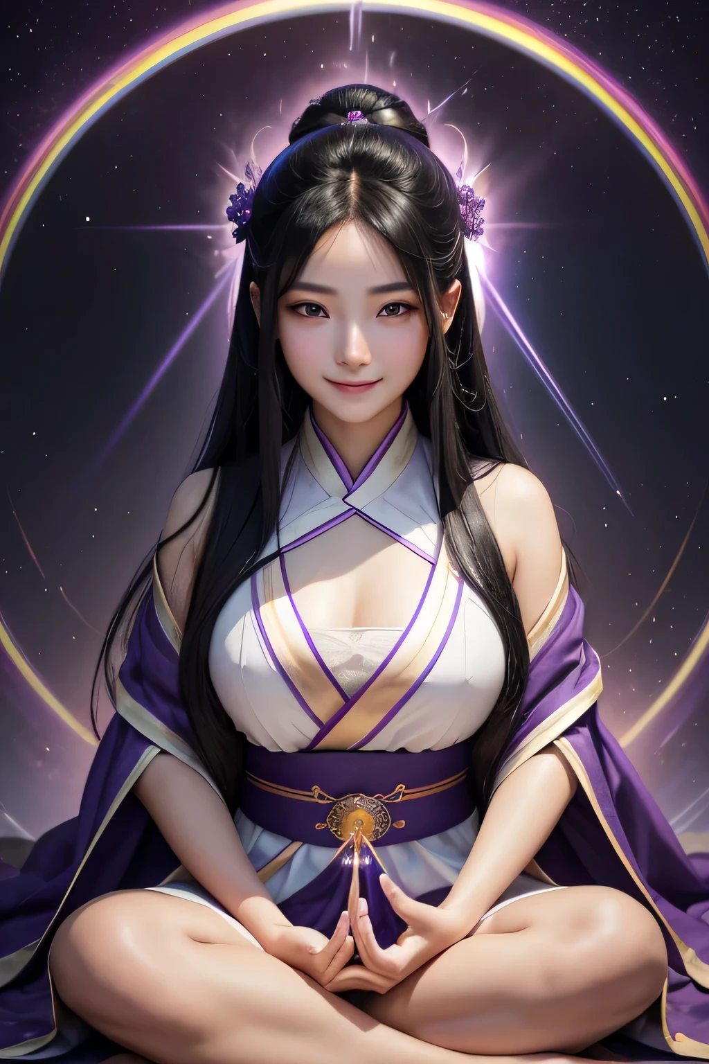 A stunning masterpiece of a high-res portrait of a beautifully detailed girl with long, shiny black hair and mesmerizing violet eyes, wearing hanfu and flashing a gorgeous smile. sitting in meditation pose, violet flame burning all around her, then violet fire energy aura is burning with platinum white light and rainbow halo