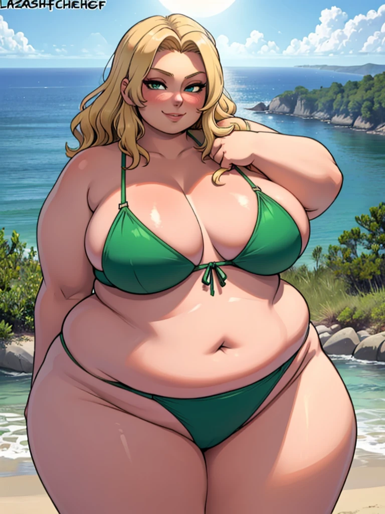 high_aesthetic,art by Lazorchef, ((Masterpiece, best quality, perfect lighting, amazing shading)), perfect anatomy, field of depth, extremely beautiful, long blonde hair, wavy hair, green bikini, cute smile, ((immobile)), (wide_hips), (cleavage), blushing, beach background, detailed background